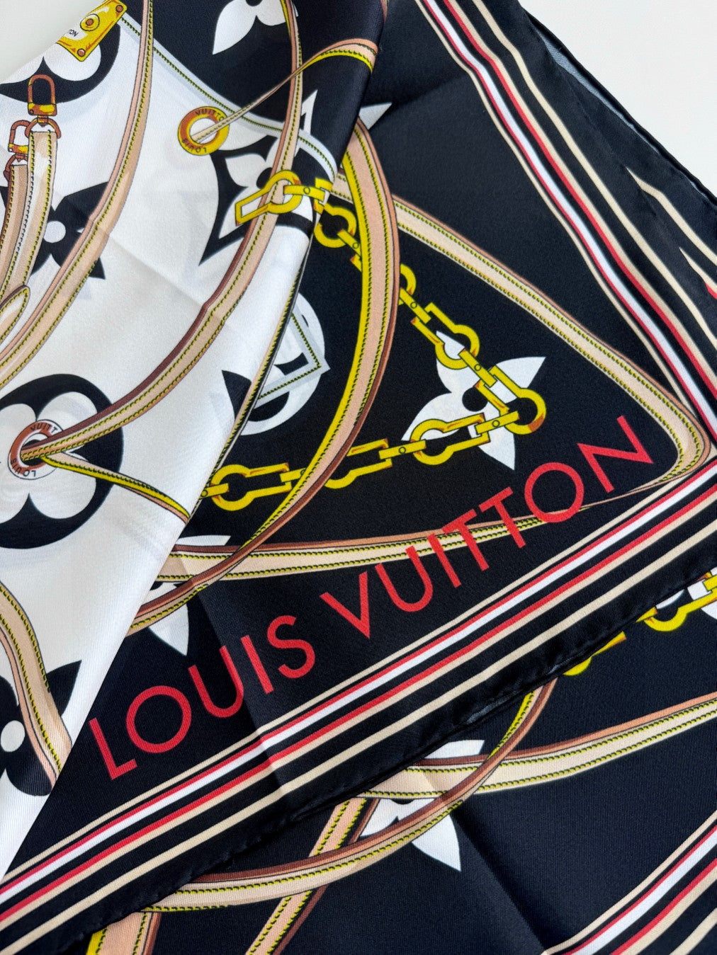Women's Elegant Geometric Patterned Square Silk Scarf - Black, Gold, and Grey Luxury Style Neck Wrap