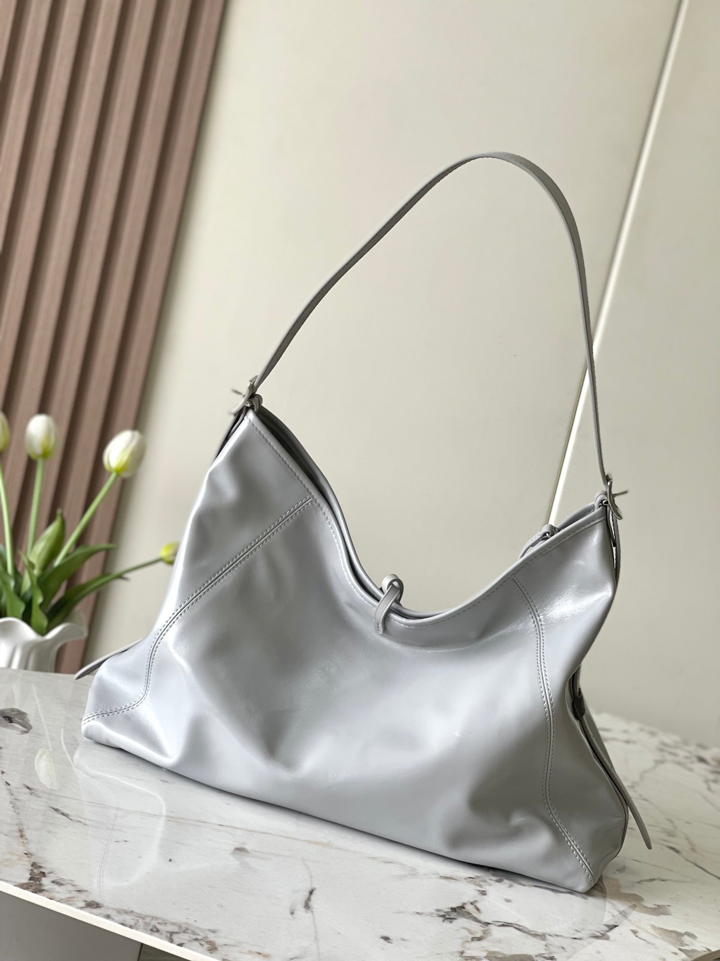 Louis Vuitton Grey Leather Hobo Bag with Bow Detail Women's Shoulder Handbag