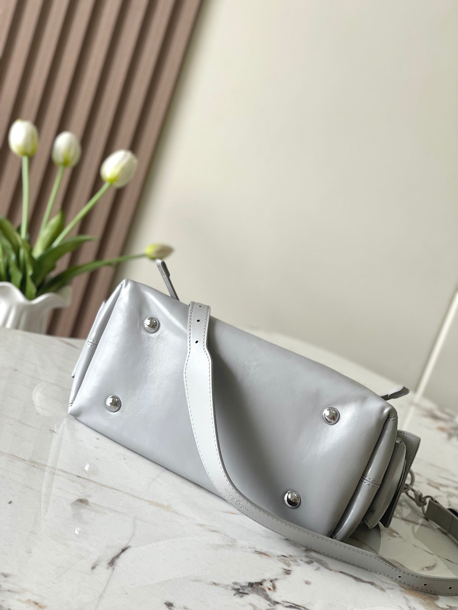 Louis Vuitton Grey Leather Hobo Shoulder Bag with Silver Chain Accent