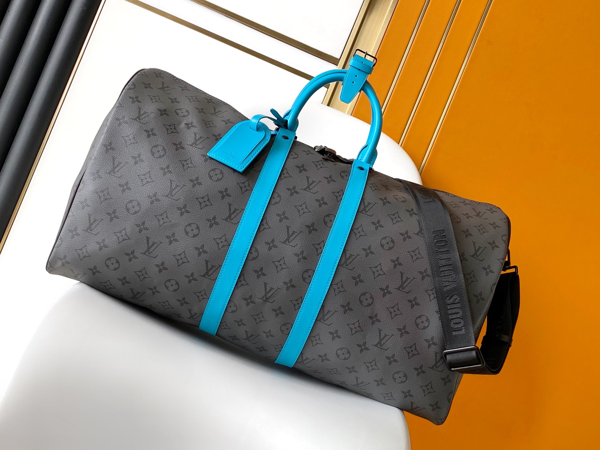 Louis Vuitton Grey Monogram Weekender Duffle Bag with Turquoise Leather Trim