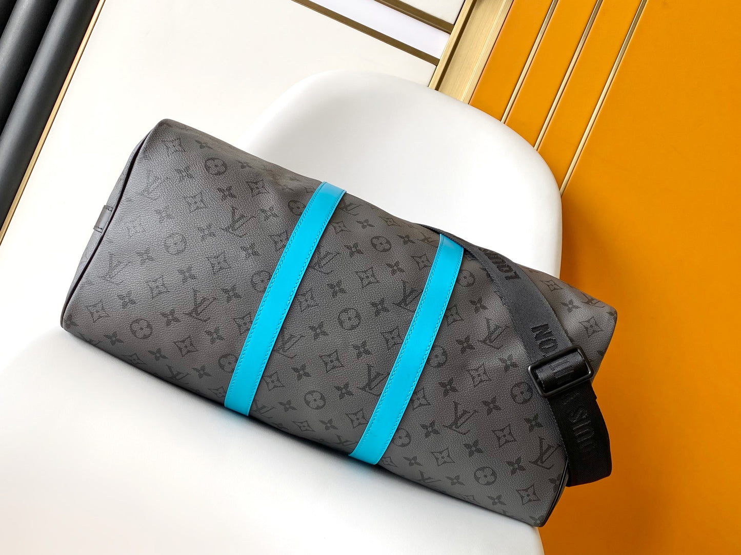 Louis Vuitton Charcoal Grey Monogram Duffle Bag with Turquoise Leather Accents