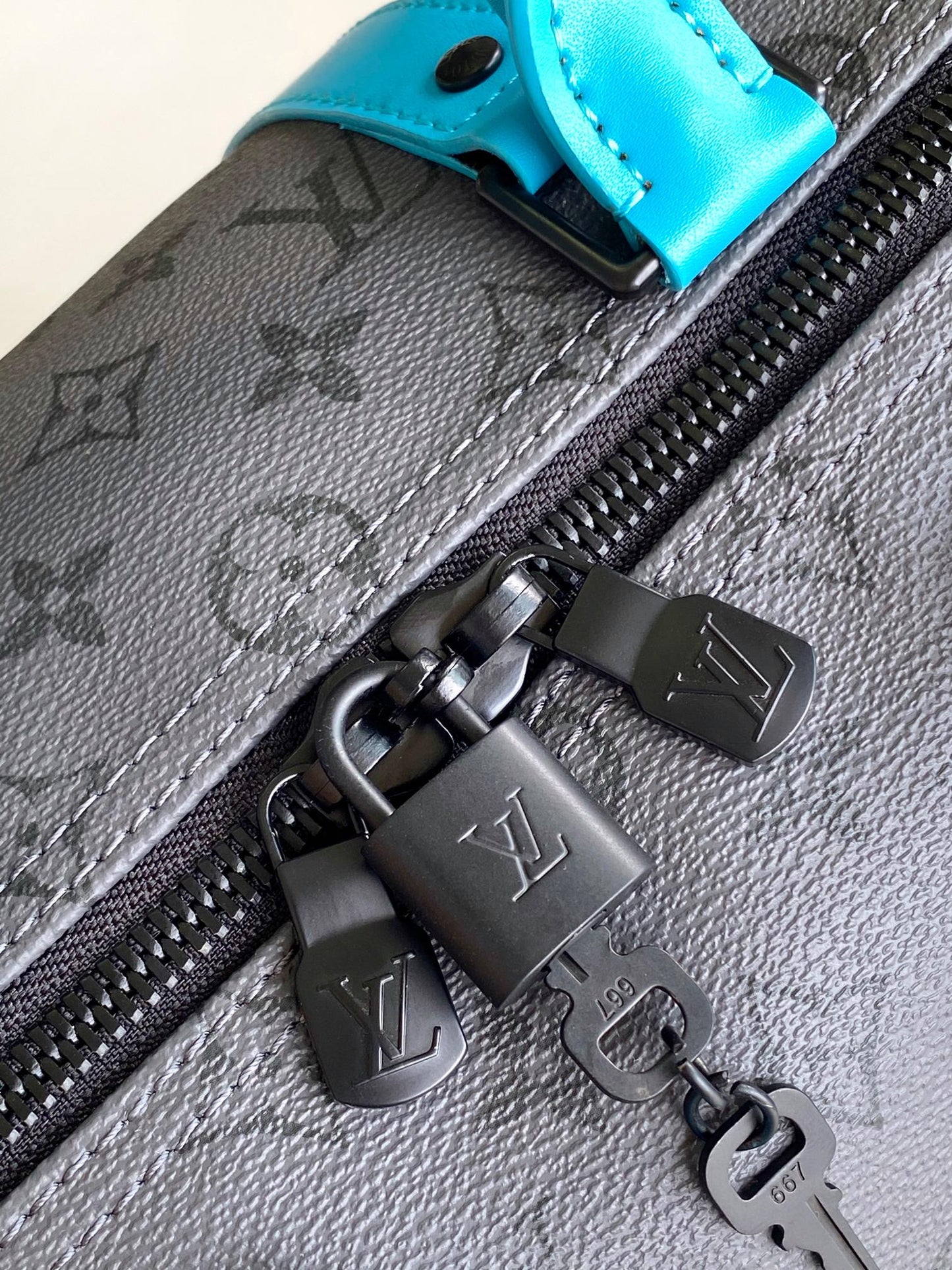 Louis Vuitton Charcoal Grey Monogram Duffle Bag with Turquoise Leather Accents