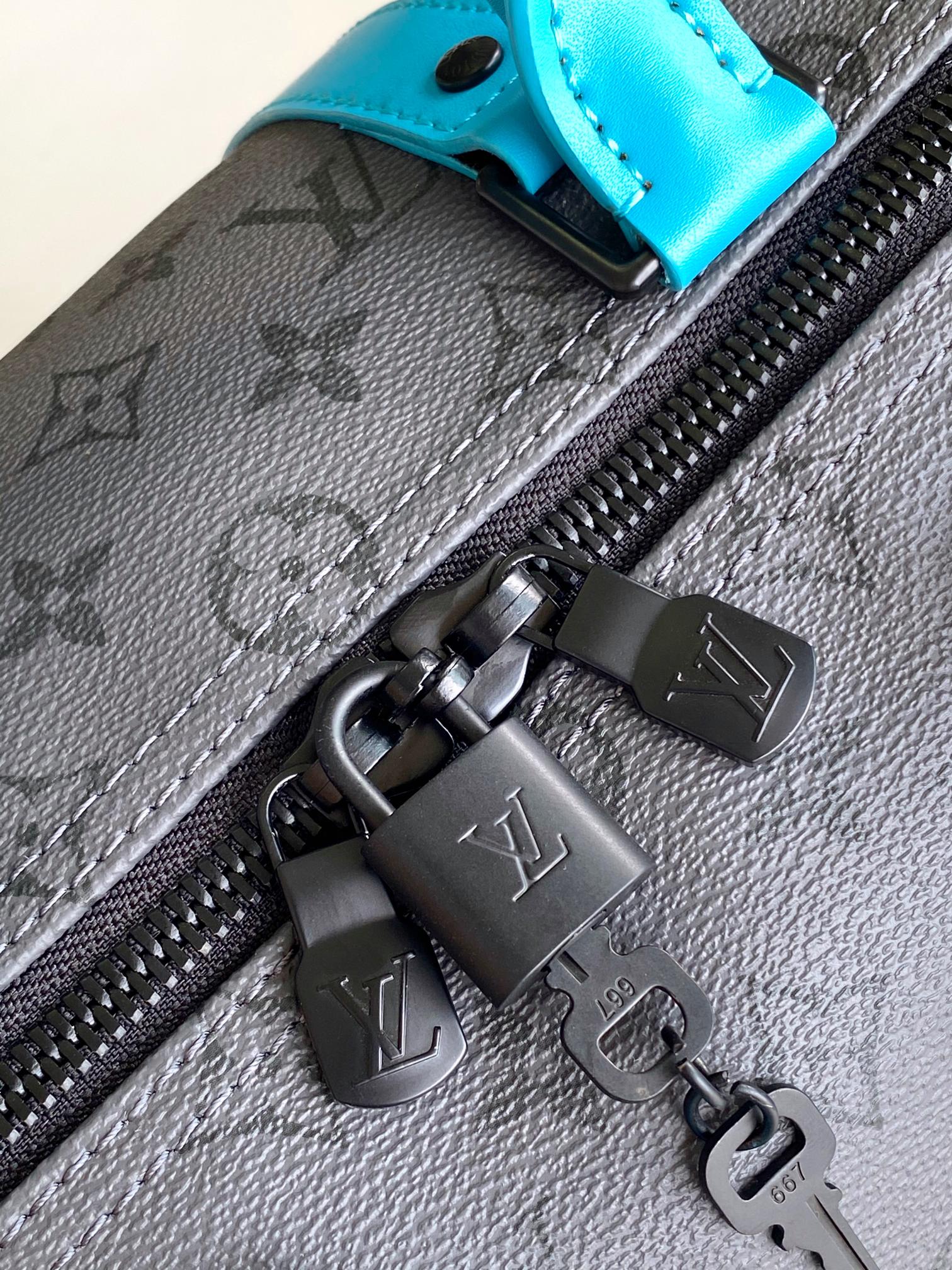 Louis Vuitton Charcoal Grey Monogram Duffle Bag with Turquoise Leather Accents
