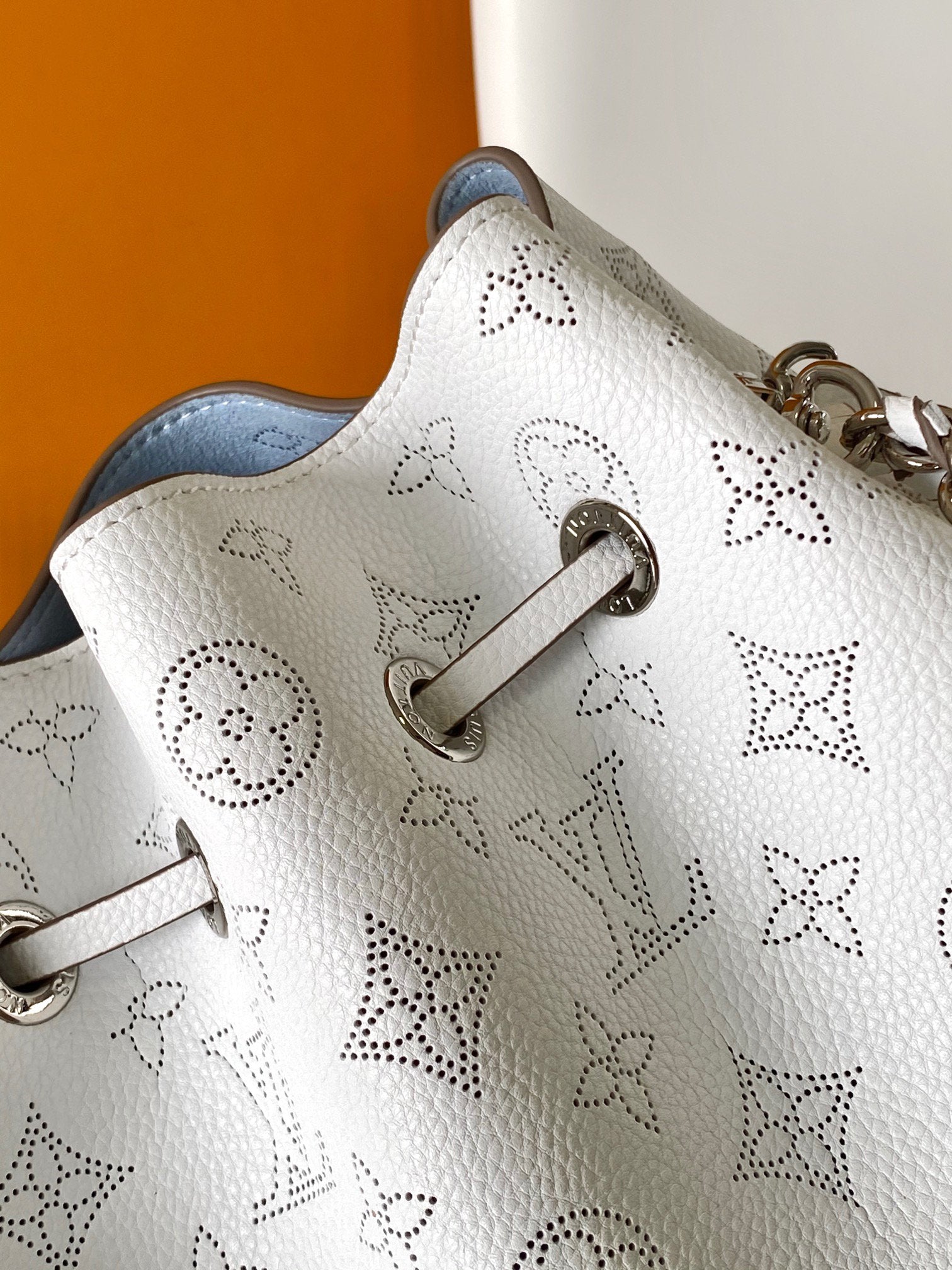 Louis Vuitton White and Blue Monogram Leather Drawstring Bucket Bag with Chain