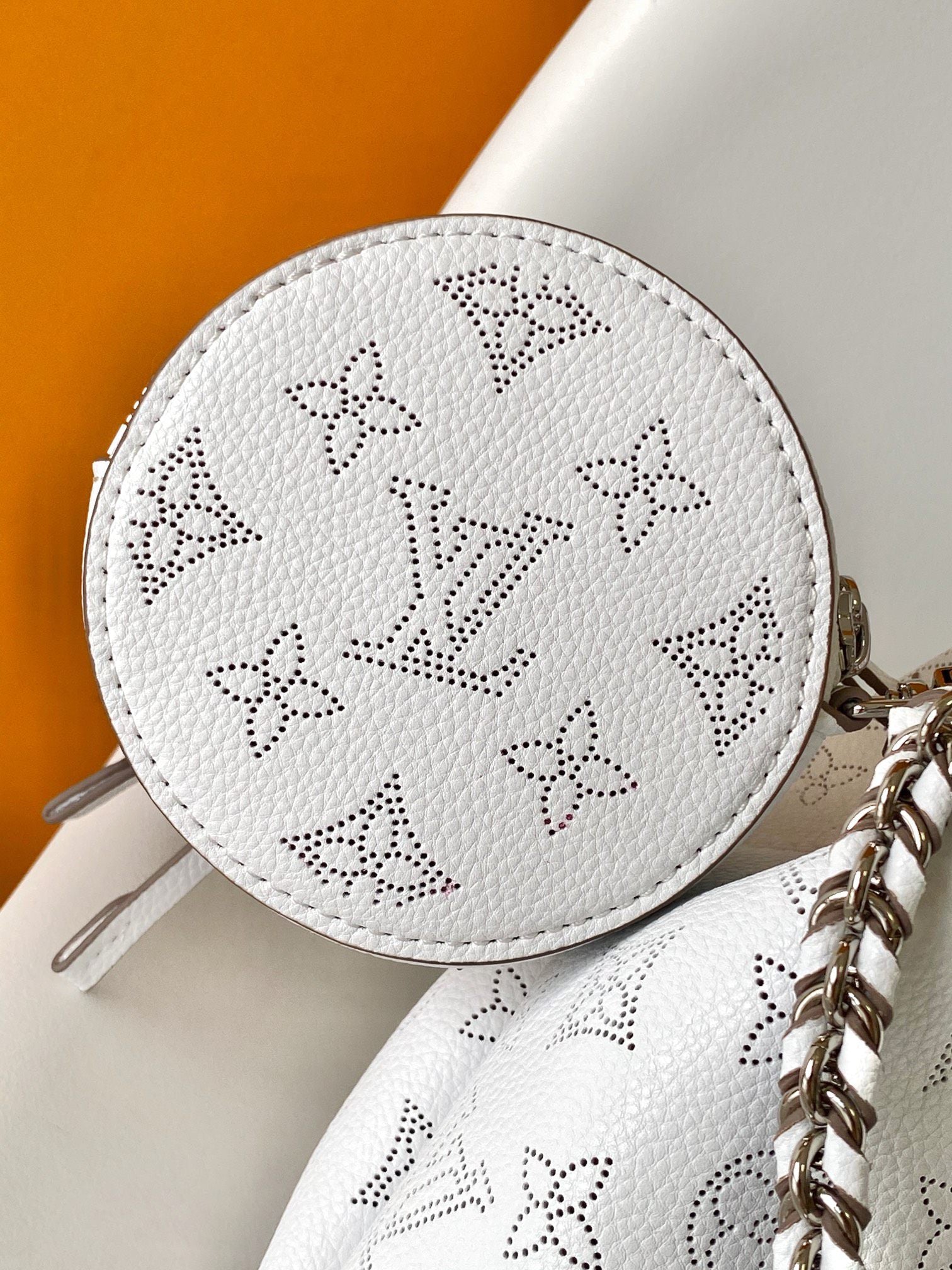 Louis Vuitton White and Blue Monogram Leather Drawstring Bucket Bag with Chain