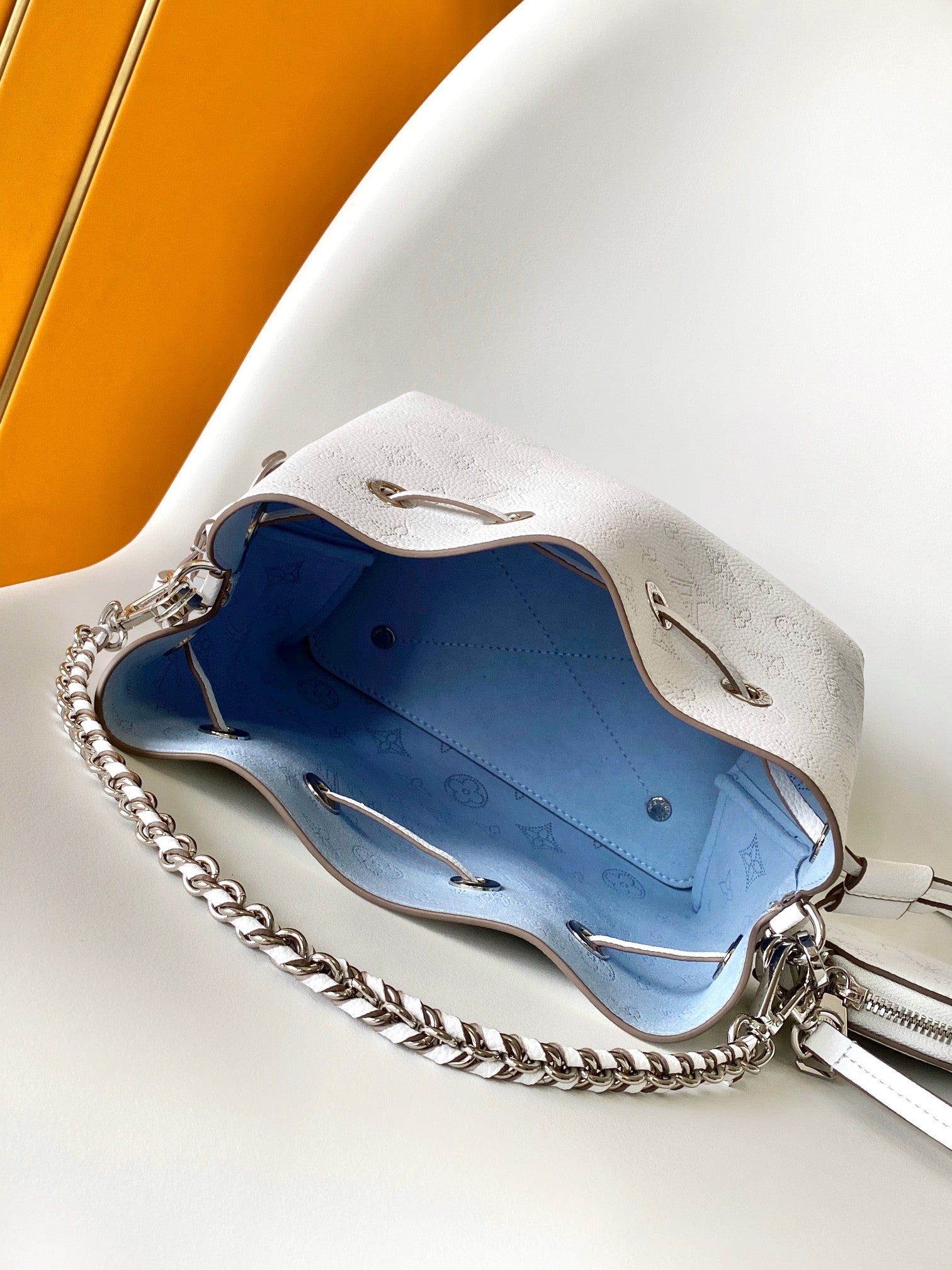 Louis Vuitton White and Blue Monogram Leather Drawstring Bucket Bag with Chain