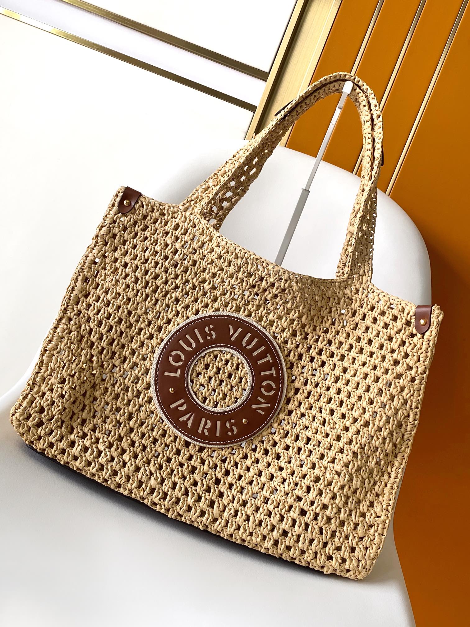 Louis Vuitton Beige Crochet Straw Tote Bag with Circular Patch Top Handle Handbag