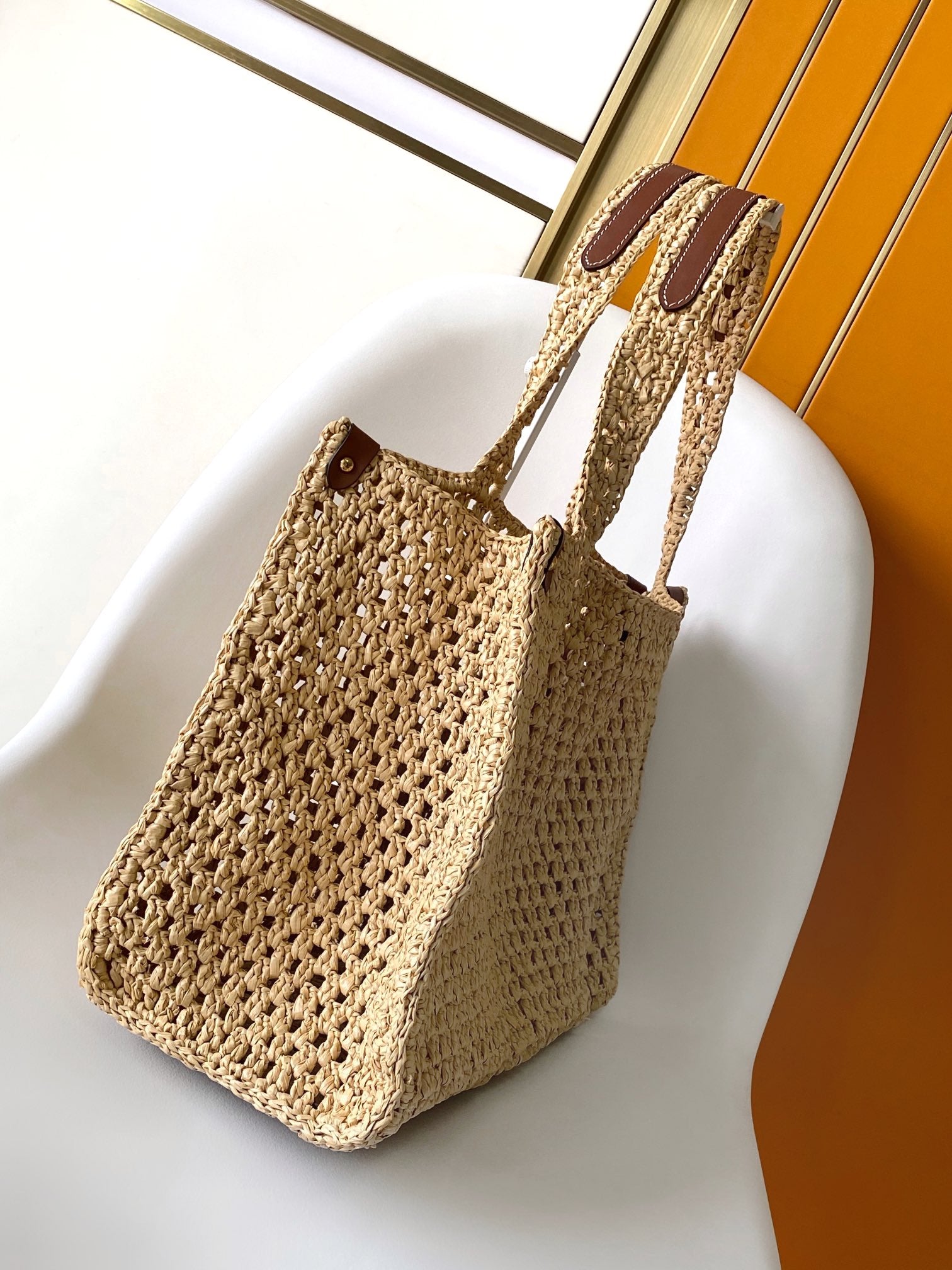 Louis Vuitton Beige Crochet Straw Tote Bag with Circular Patch Top Handle Handbag