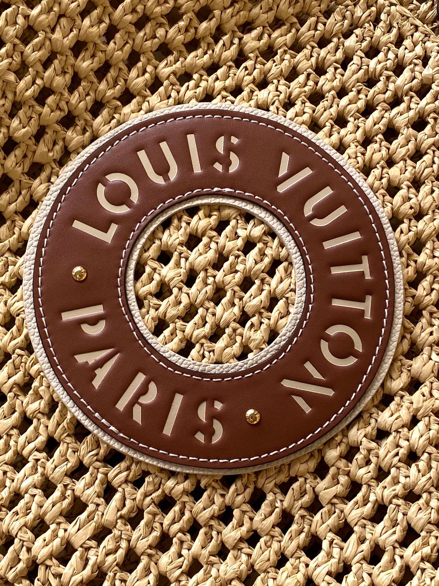 Louis Vuitton Beige Crochet Straw Tote Bag with Circular Patch Top Handle Handbag