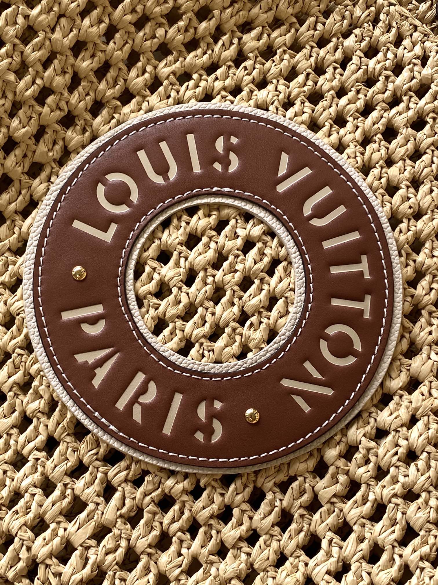 Louis Vuitton Beige Crochet Straw Tote Bag with Circular Patch Top Handle Handbag