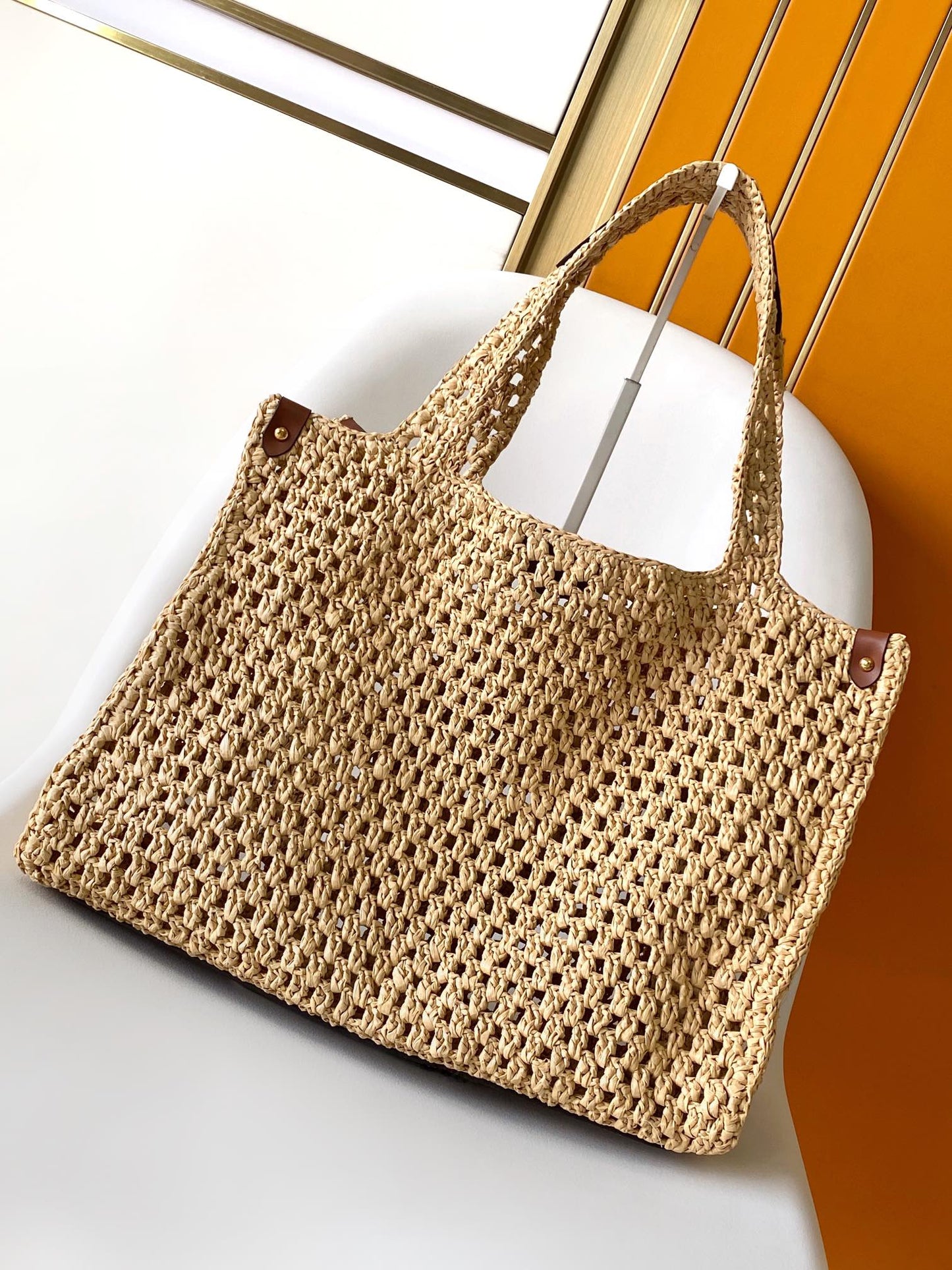 Louis Vuitton Beige Crochet Straw Tote Bag with Circular Patch Top Handle Handbag