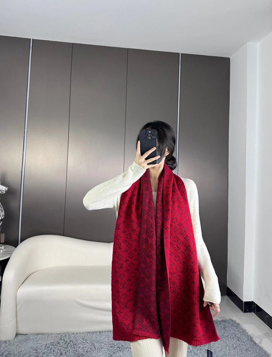 Women's Elegant Red Monogram Patterned Scarf - Large Oversized Winter Shawl Pashmina Wrap