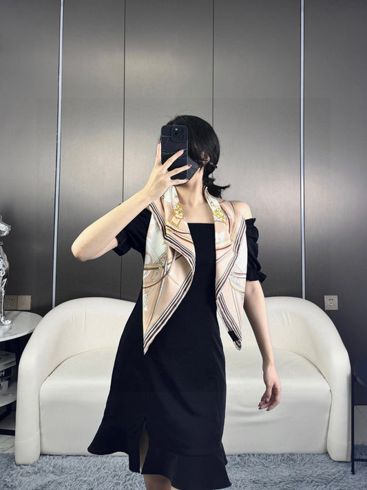 Women's Large Square Silk Satin Scarf - Elegant Champagne and White Patterned Fashion Shawl, Hair Wrap, and Neck Accessory