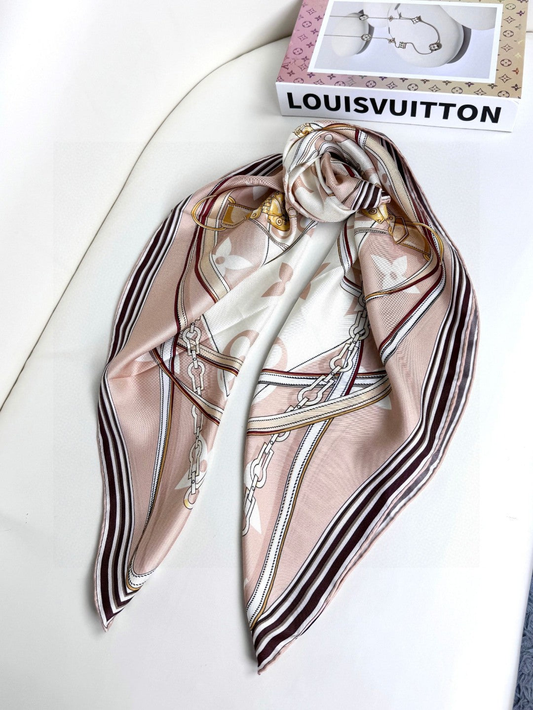 Women's Large Square Silk Satin Scarf - Elegant Champagne and White Patterned Fashion Shawl, Hair Wrap, and Neck Accessory