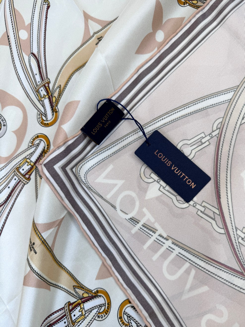 Women's Large Square Silk Satin Scarf - Elegant Champagne and White Patterned Fashion Shawl, Hair Wrap, and Neck Accessory