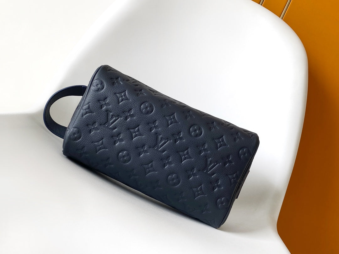 Louis Vuitton Luxury Navy Blue Embossed Monogram Leather Travel Pouch