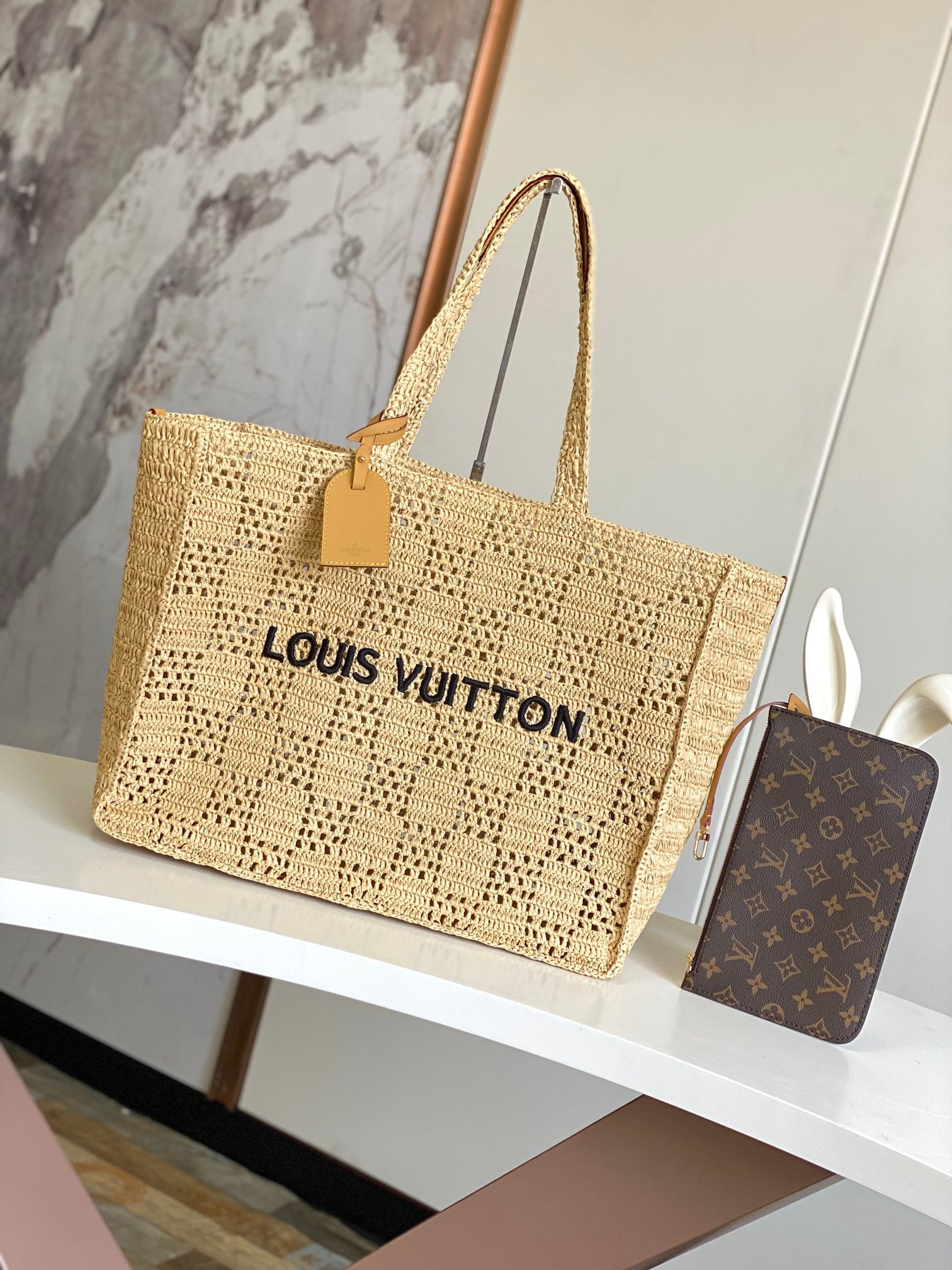 Louis Vuitton Beige Woven Straw Crochet Tote Bag Summer Beach Shoulder Bag