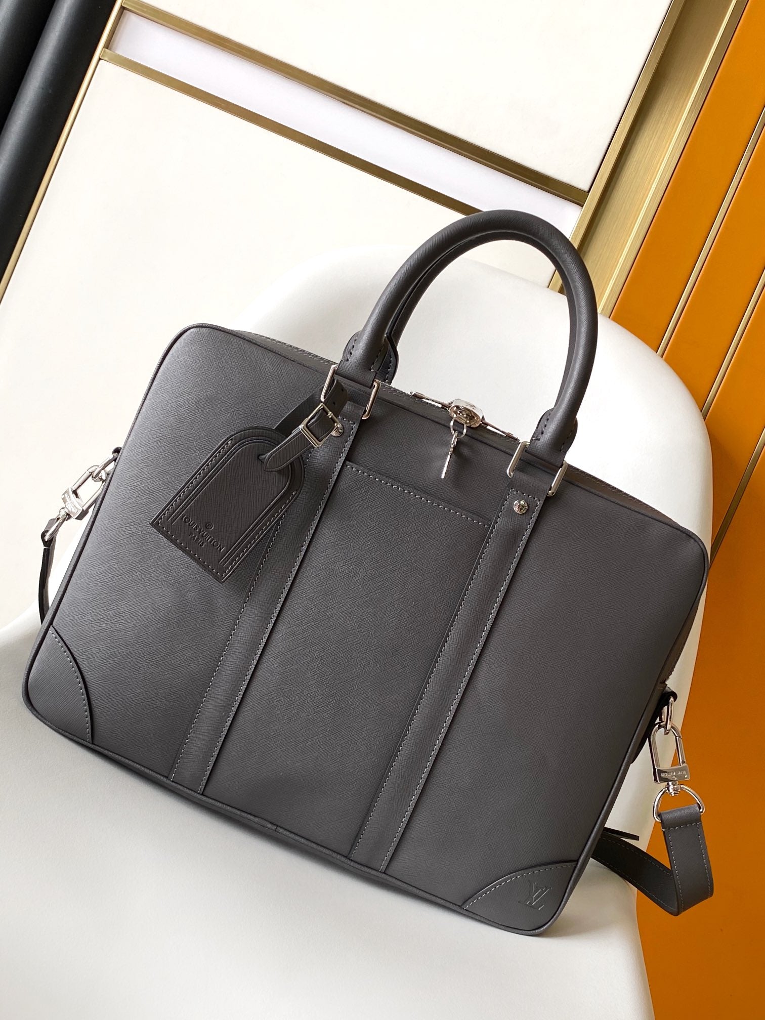 Louis Vuitton Professional Grey Leather Laptop Briefcase with Shoulder Strap