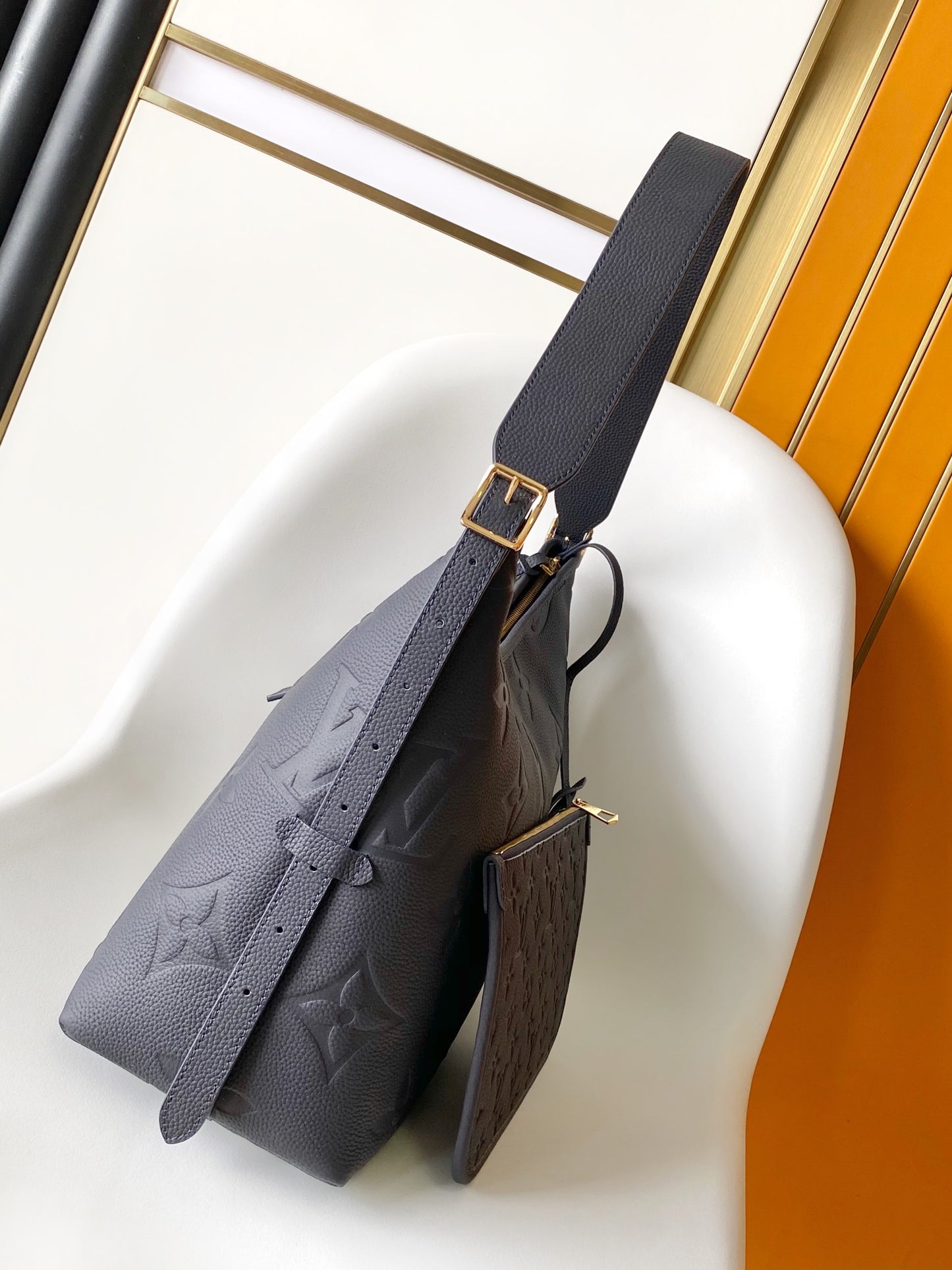 Louis Vuitton Navy Blue Embossed Monogram Leather Shoulder Hobo Bag