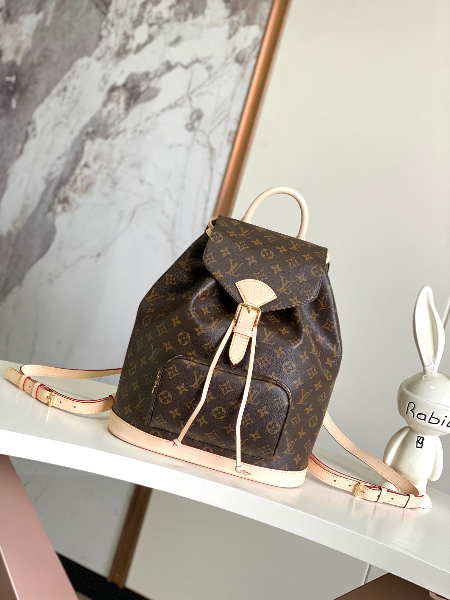 Louis Vuitton Classic Brown Monogram Drawstring Backpack with Leather Trim