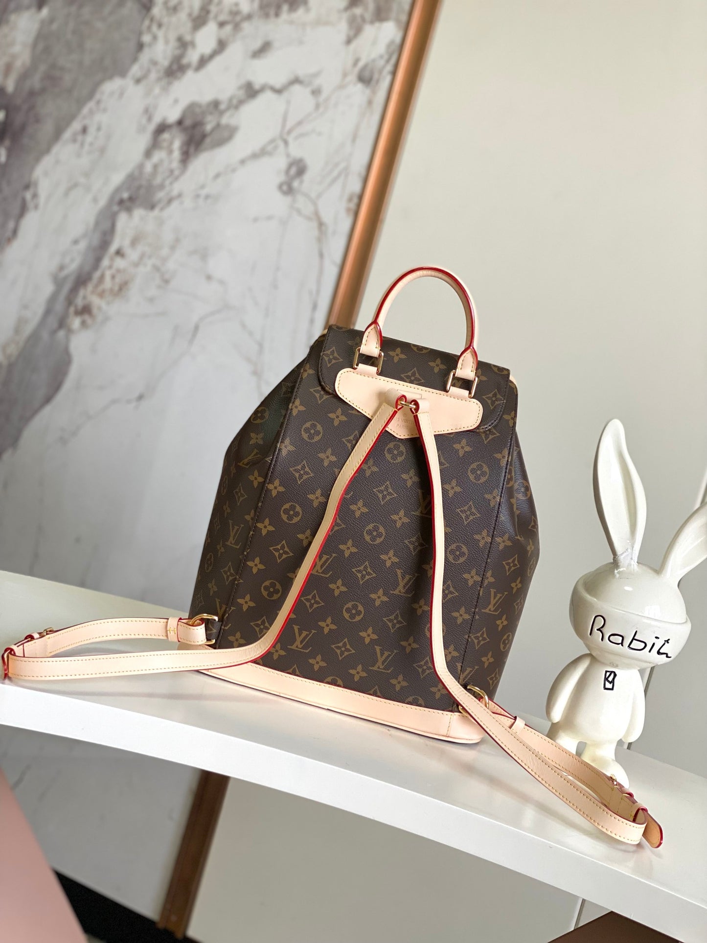 Louis Vuitton Classic Brown Monogram Drawstring Backpack with Leather Trim