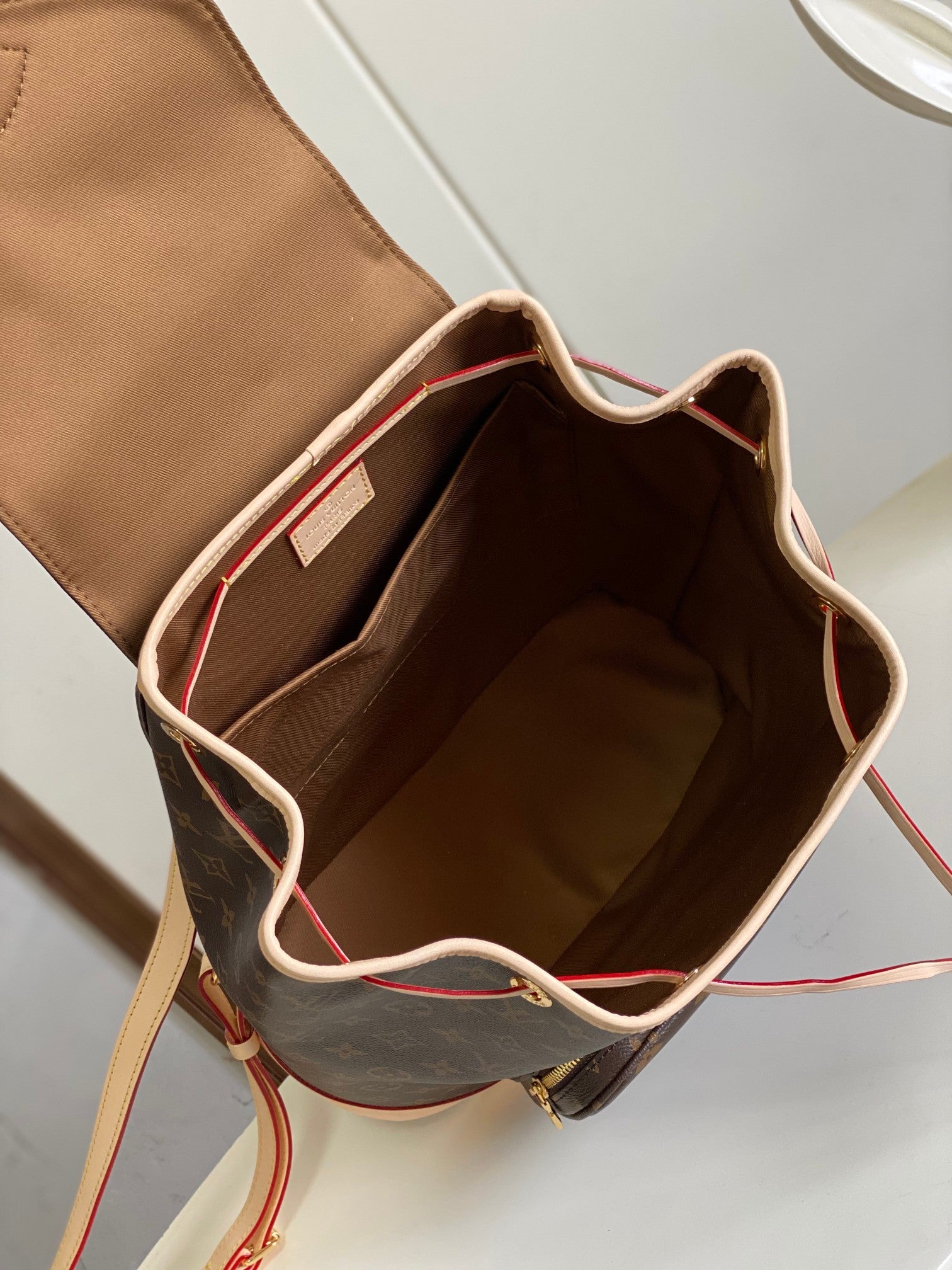 Louis Vuitton Classic Brown Monogram Drawstring Backpack with Leather Trim