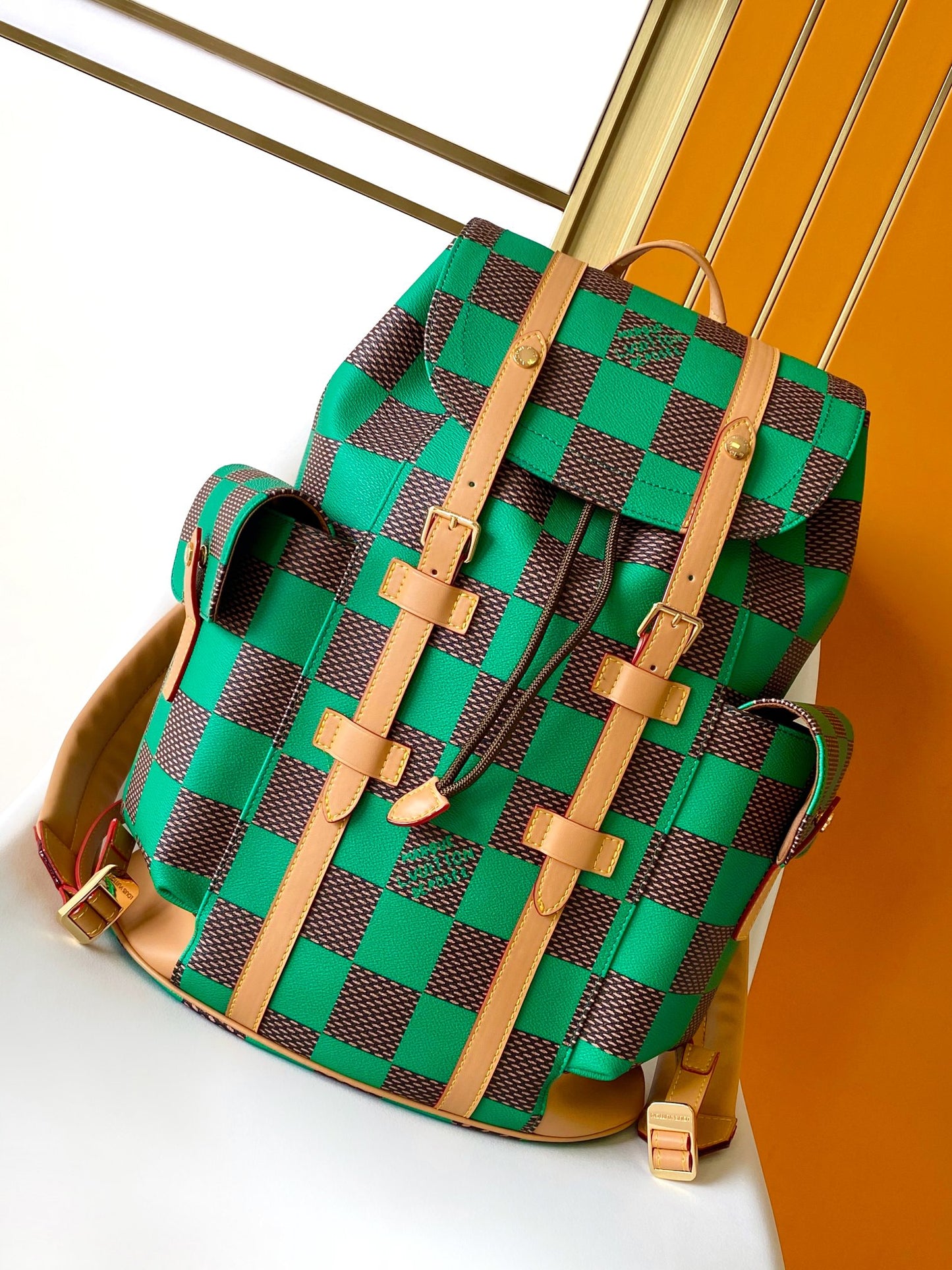 Louis Vuitton Checkered Green and Brown Rucksack Backpack with Leather Straps
