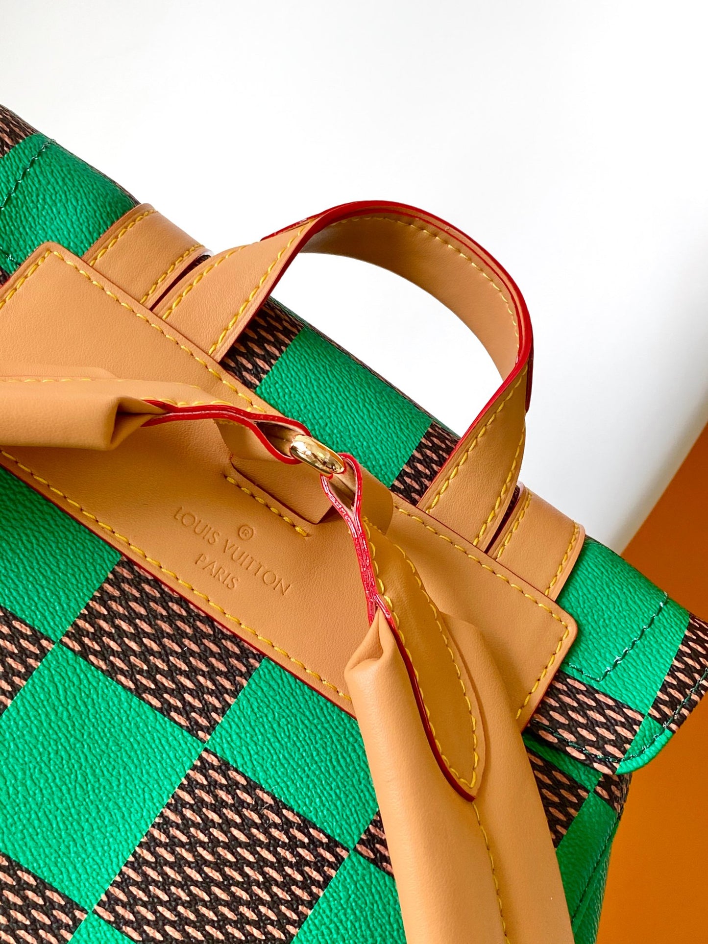 Louis Vuitton Checkered Green and Brown Rucksack Backpack with Leather Straps