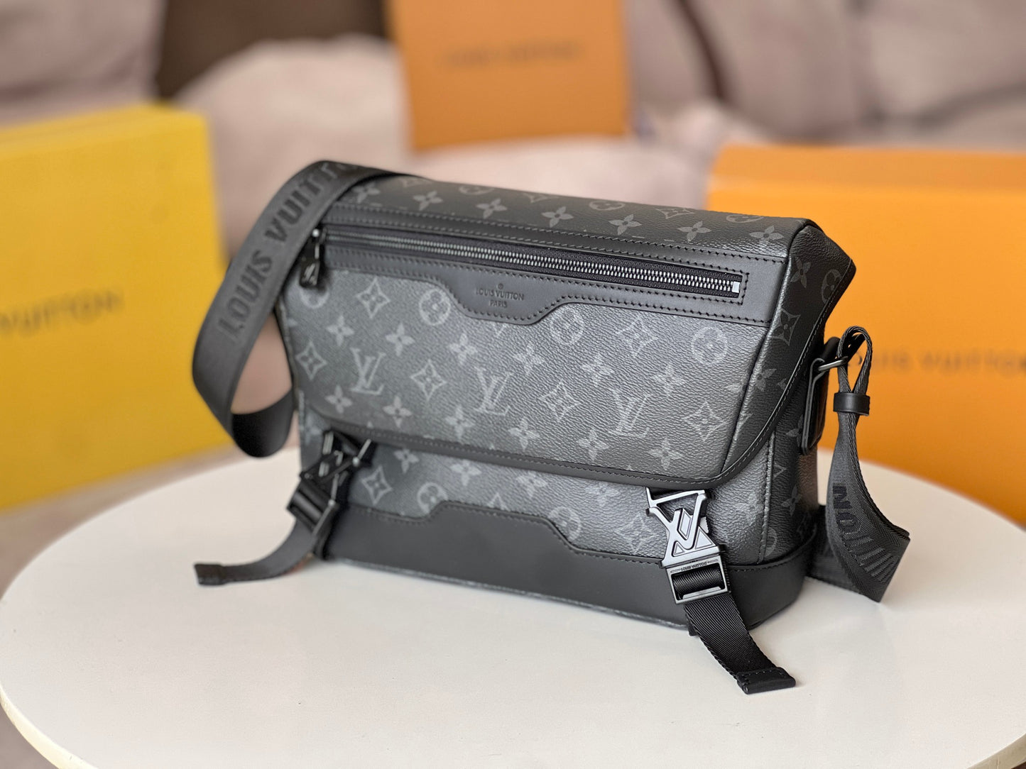 Louis Vuitton Black Monogram Pattern Crossbody Messenger Bag with Buckles