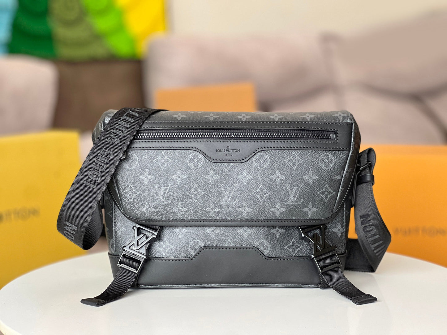 Louis Vuitton Black Monogram Pattern Crossbody Messenger Bag with Buckles