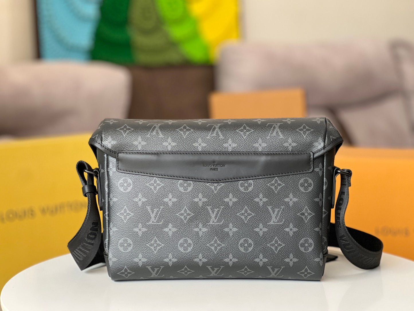 Louis Vuitton Black Monogram Pattern Crossbody Messenger Bag with Buckles