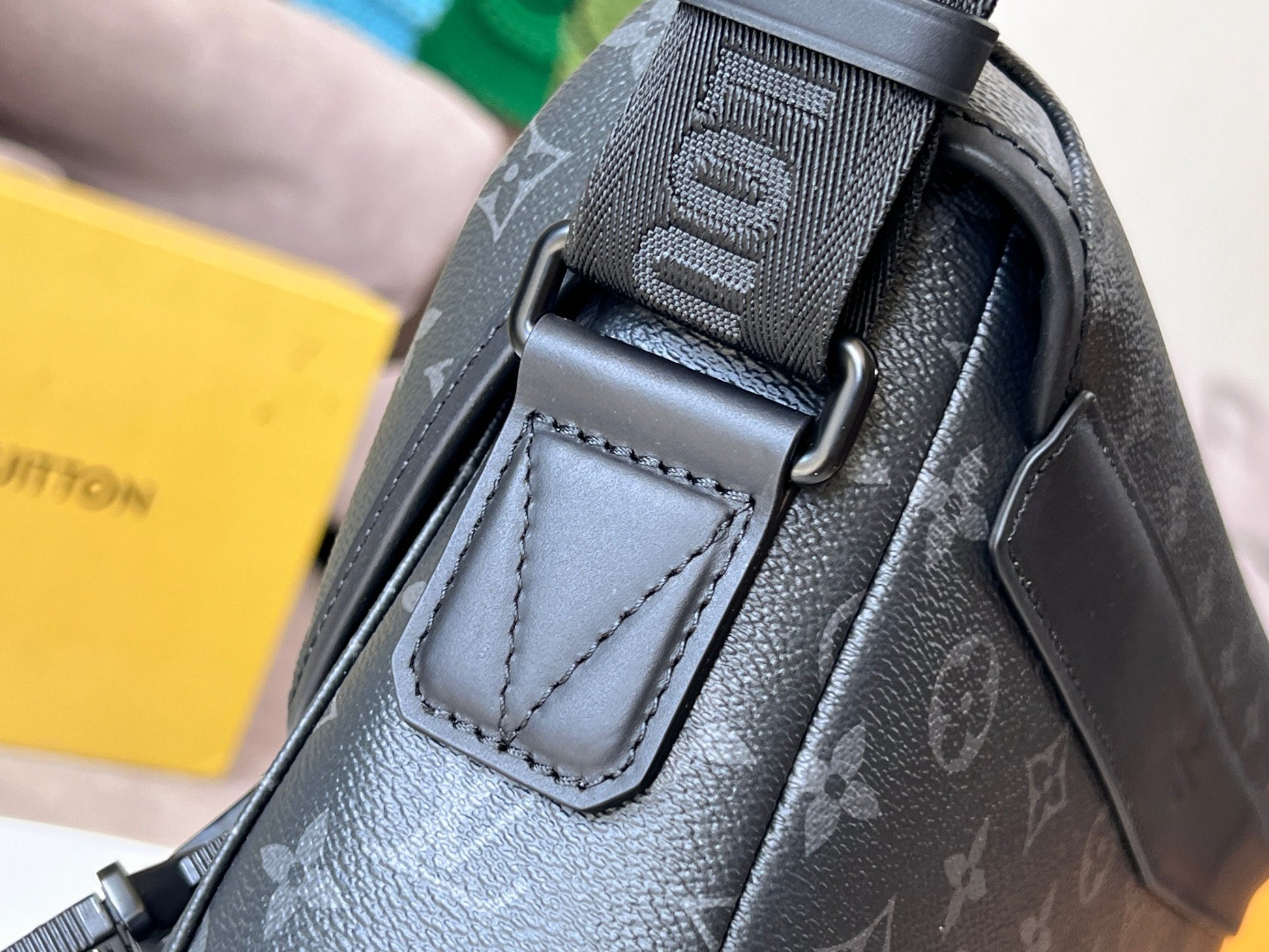 Louis Vuitton Black Monogram Pattern Crossbody Messenger Bag with Buckles