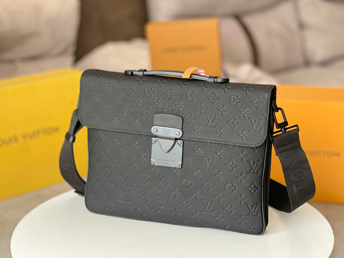 Louis Vuitton Matte Black Embossed Leather Briefcase and Messenger Bag