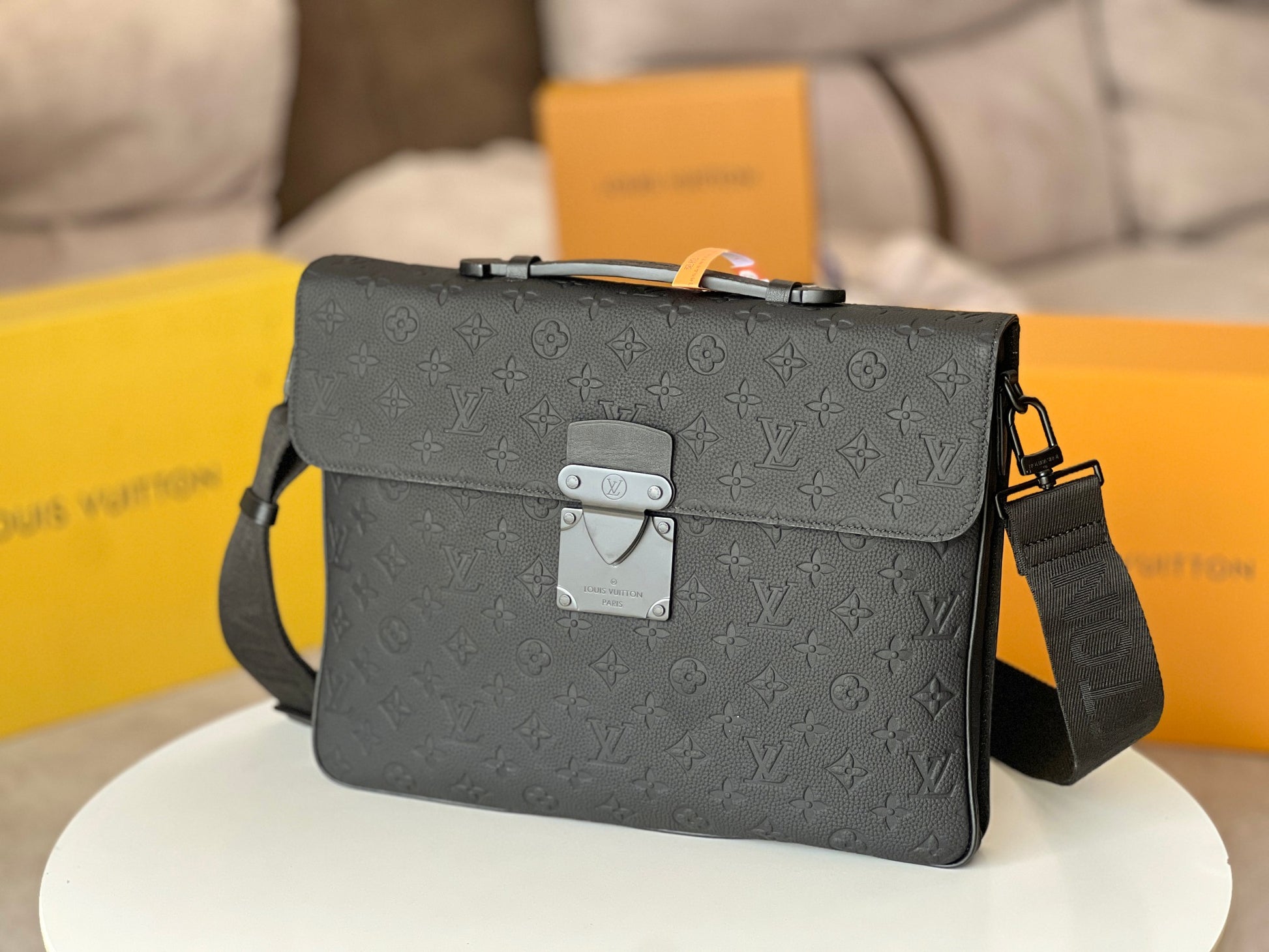Louis Vuitton Matte Black Embossed Leather Briefcase and Messenger Bag