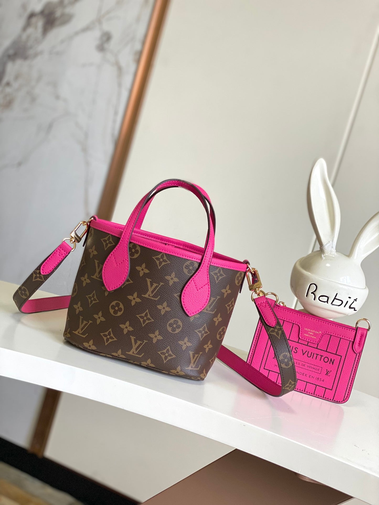 Louis Vuitton Fuchsia Pink Leather Tote Handbag with Embossed Detail and Gold Hardware