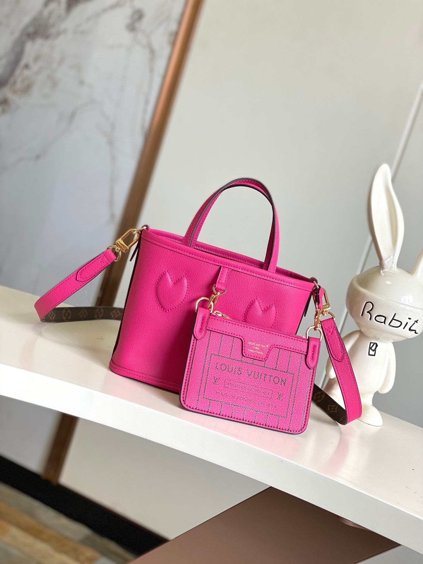 Louis Vuitton Fuchsia Pink Leather Tote Handbag with Embossed Detail and Gold Hardware