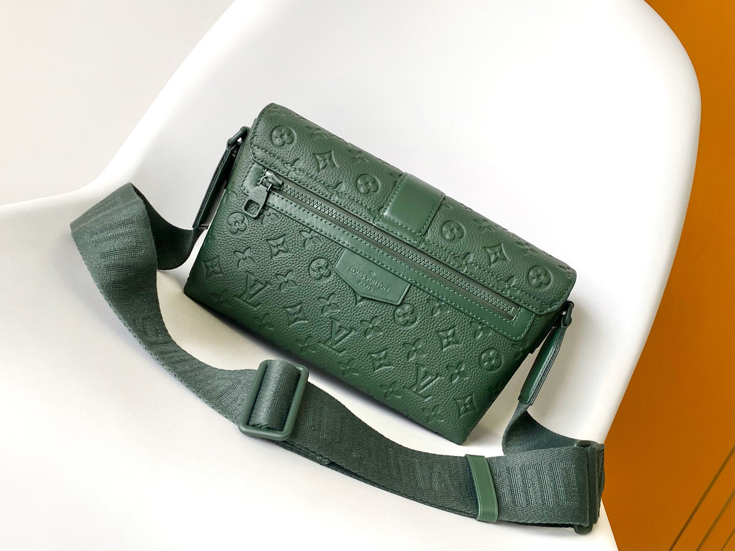 Louis Vuitton Luxury Dark Green Embossed Leather Crossbody Messenger Bag