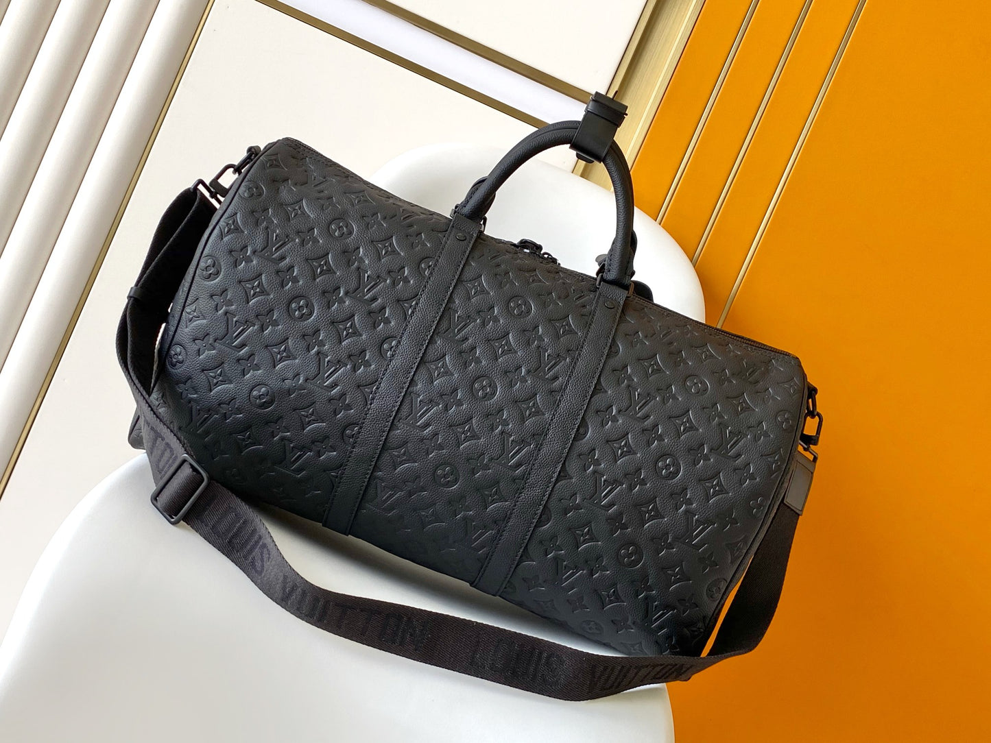Louis Vuitton Luxury Black Embossed Leather Weekender Duffle Travel Bag