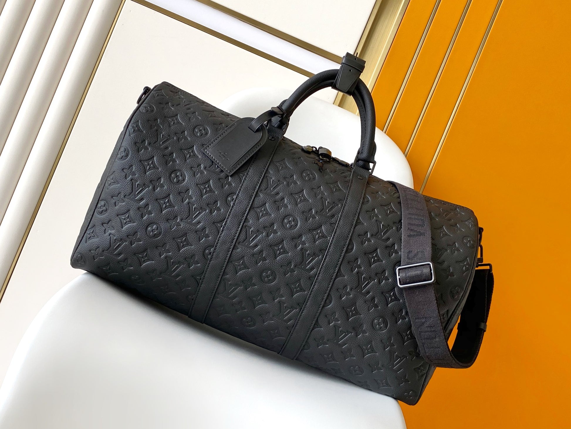 Louis Vuitton Luxury Black Embossed Leather Weekender Duffle Travel Bag