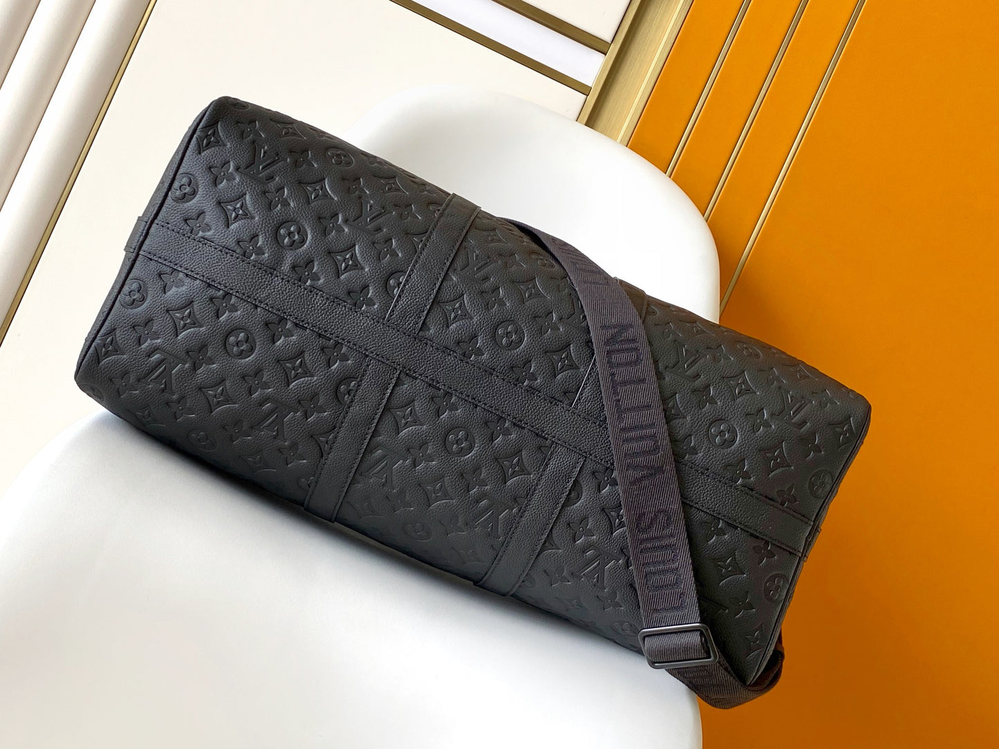 Louis Vuitton Luxury Black Embossed Leather Weekender Duffle Travel Bag
