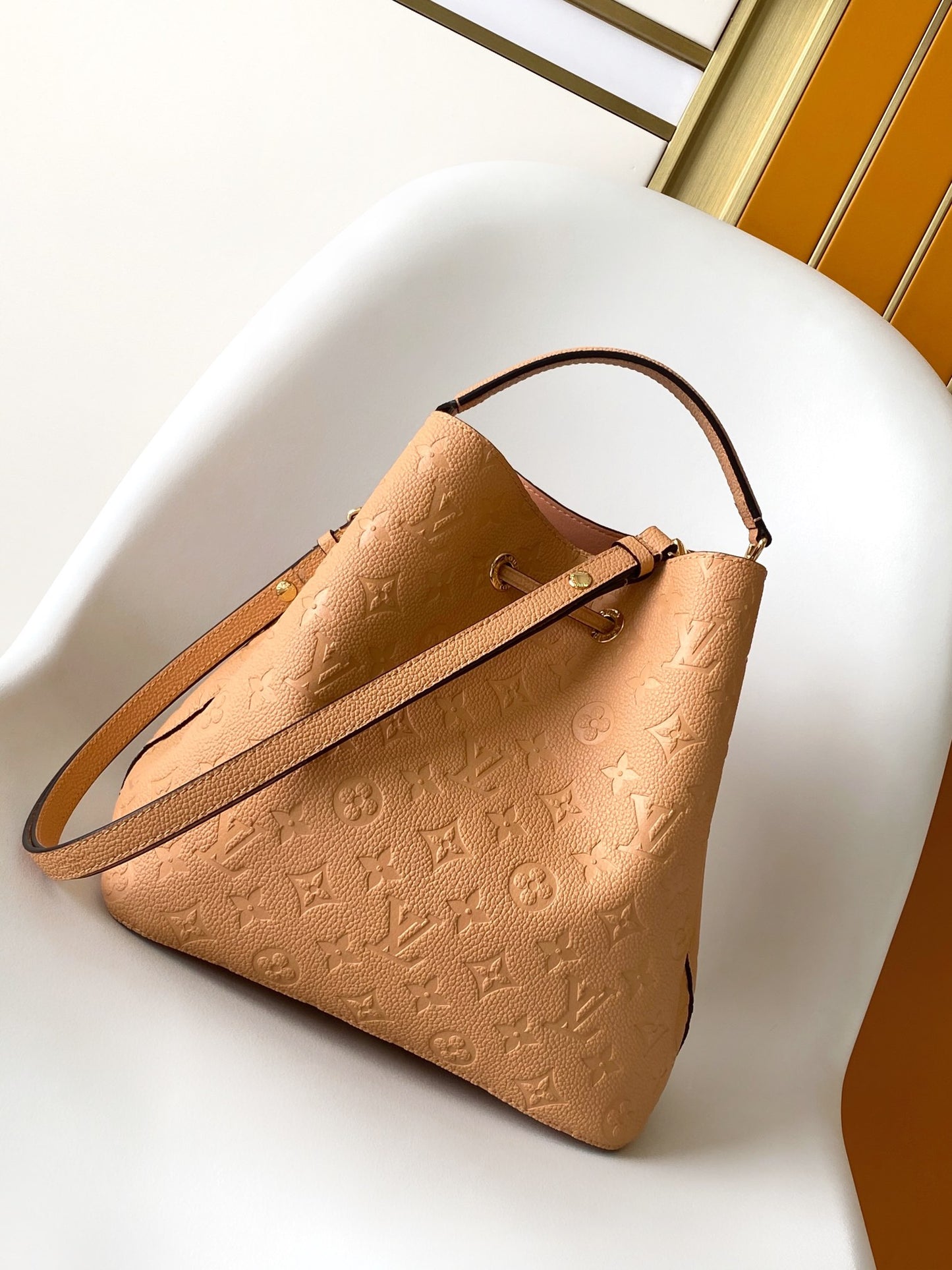 Louis Vuitton Beige Embossed Leather Drawstring Bucket Bag with Shoulder Strap