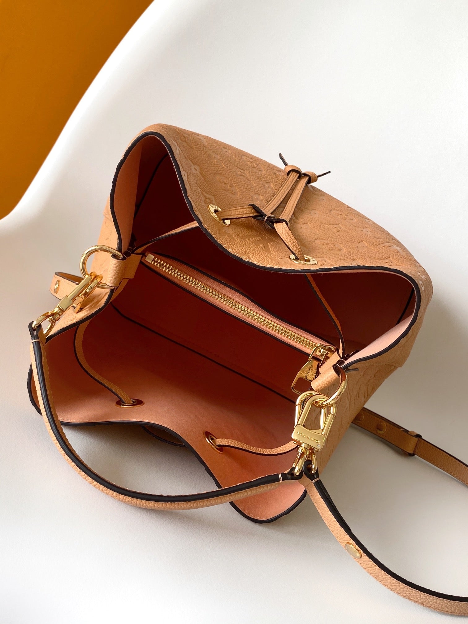 Louis Vuitton Beige Embossed Leather Drawstring Bucket Bag with Shoulder Strap