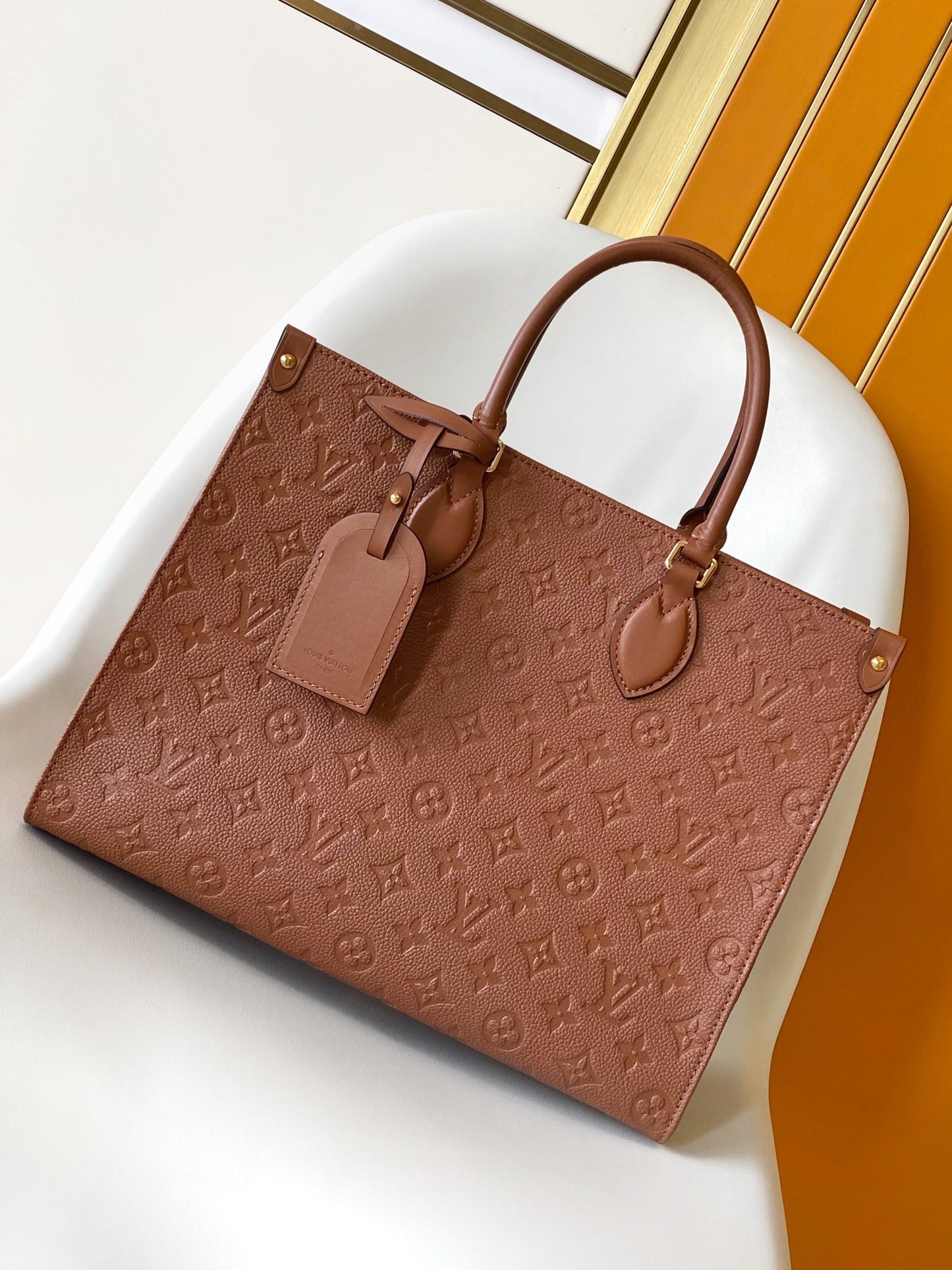 Louis Vuitton Cognac Brown Embossed Leather Large Tote Bag with Top Handles