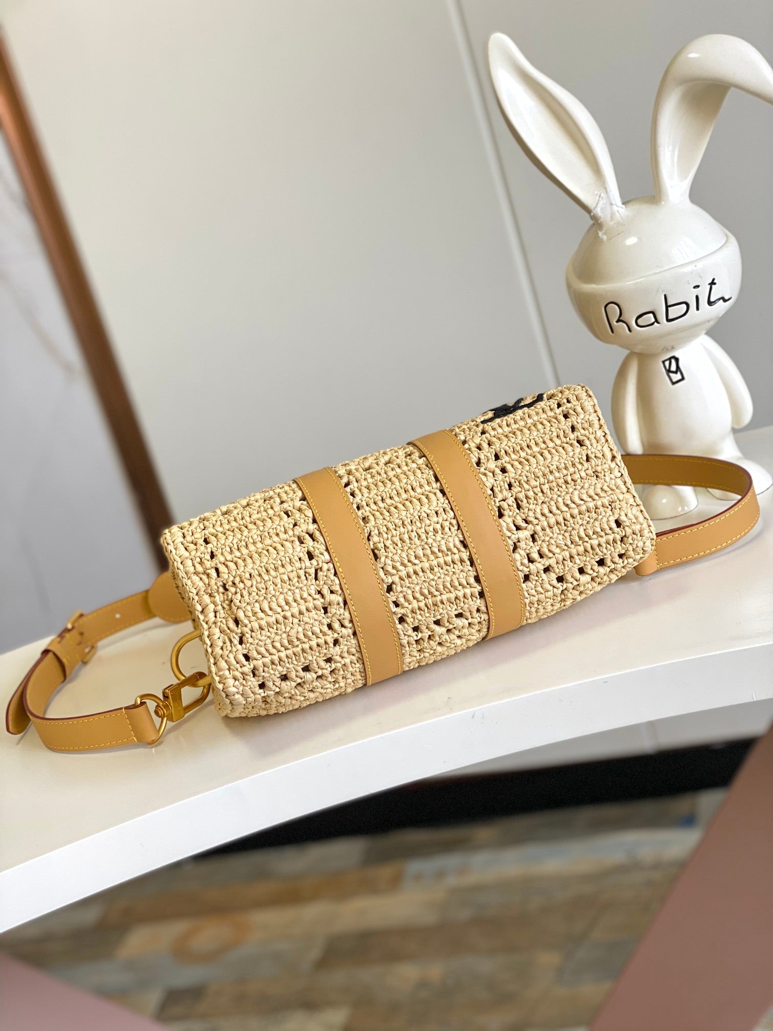 Louis Vuitton Woven Raffia Crochet Handbag with Leather Handles and Crossbody Strap