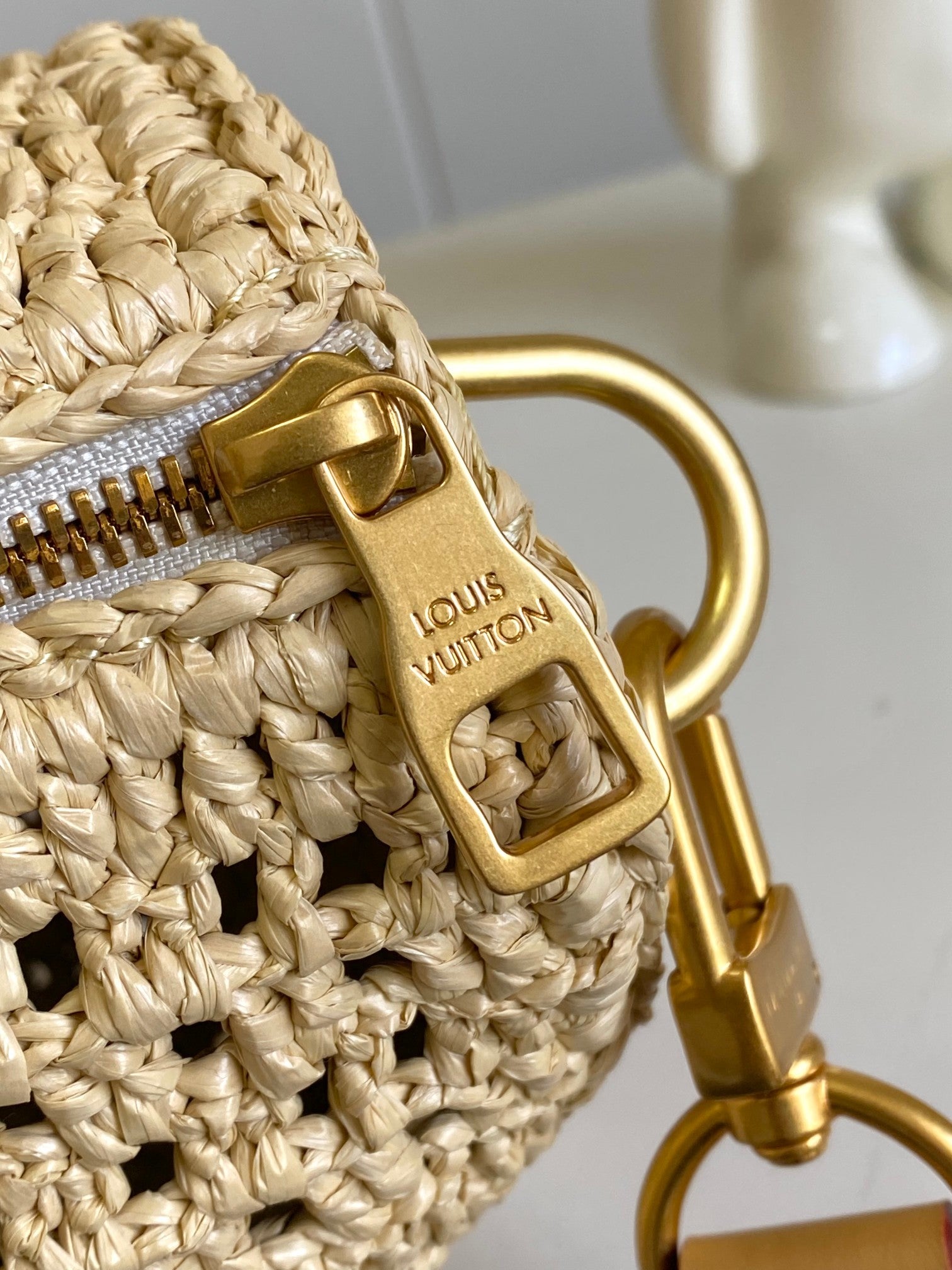 Louis Vuitton Woven Raffia Crochet Handbag with Leather Handles and Crossbody Strap