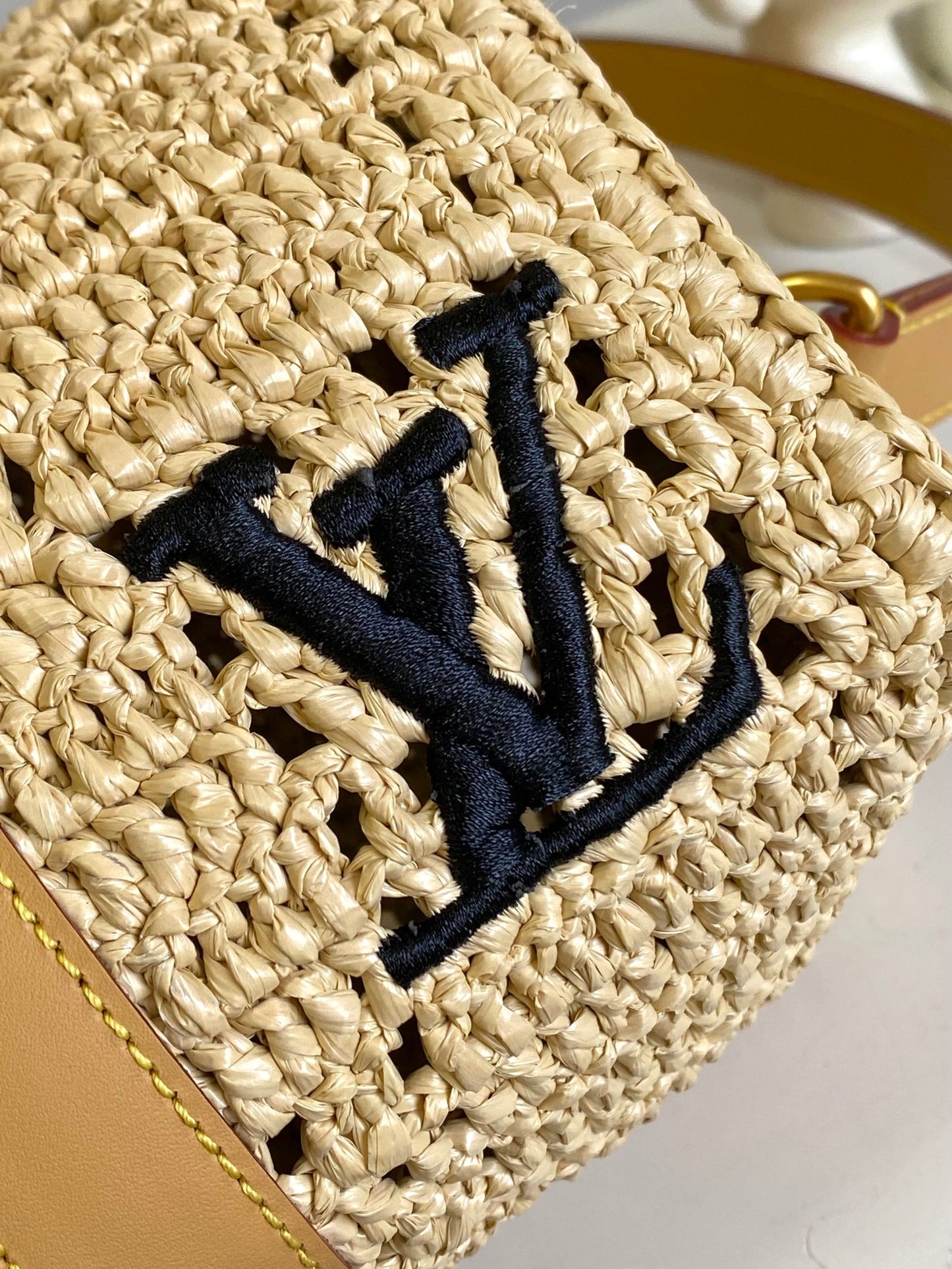 Louis Vuitton Woven Raffia Crochet Handbag with Leather Handles and Crossbody Strap
