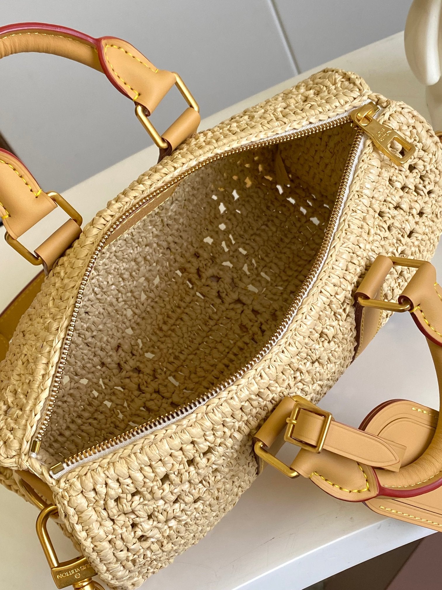Louis Vuitton Woven Raffia Crochet Handbag with Leather Handles and Crossbody Strap
