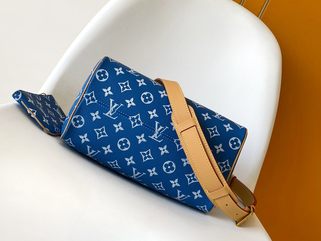 Louis Vuitton Blue and White Monogram Print Satchel Handbag with Tan Leather Trim