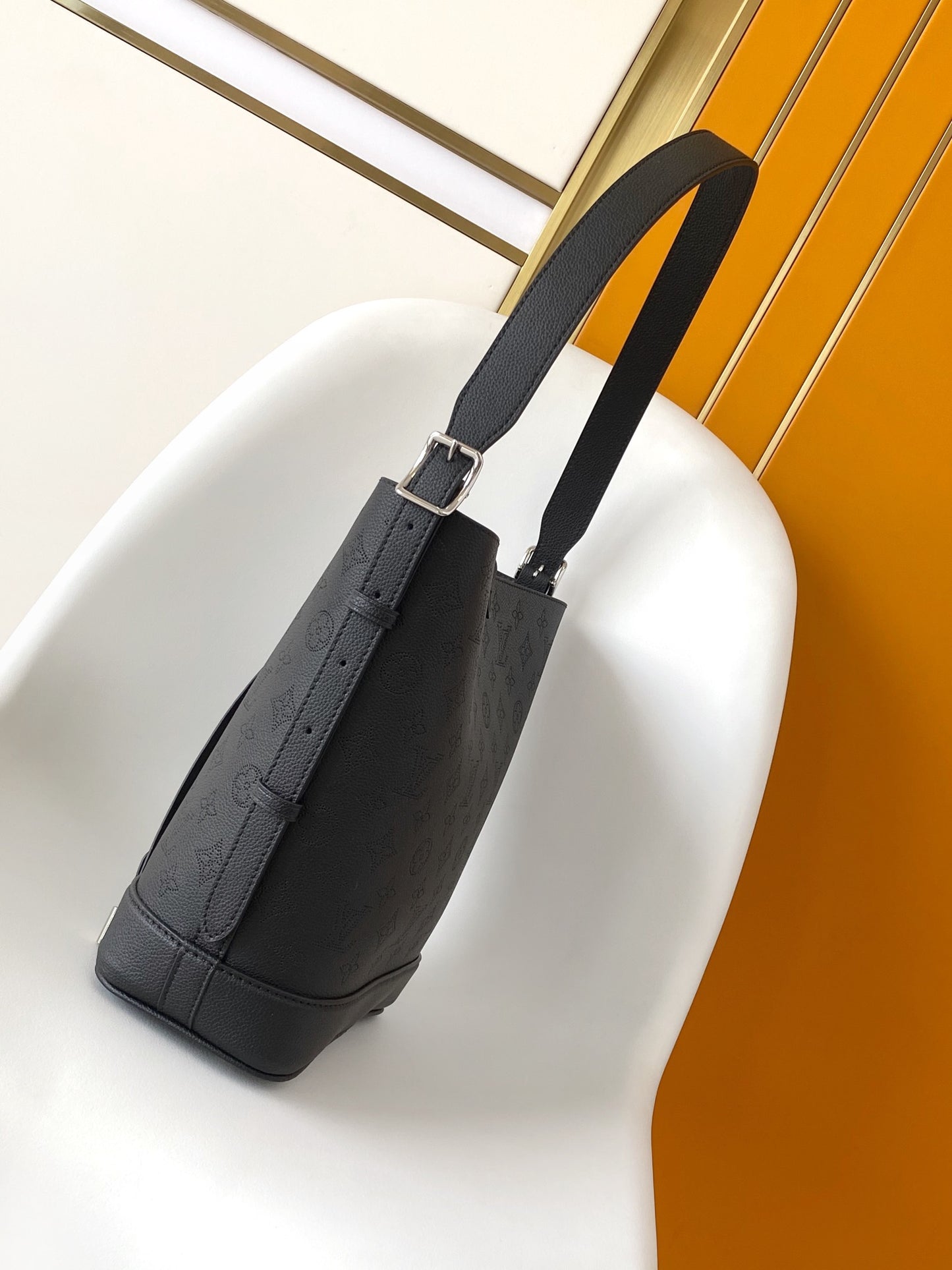 Louis Vuitton Classic Black Embossed Monogram Bucket Bag with Drawstring