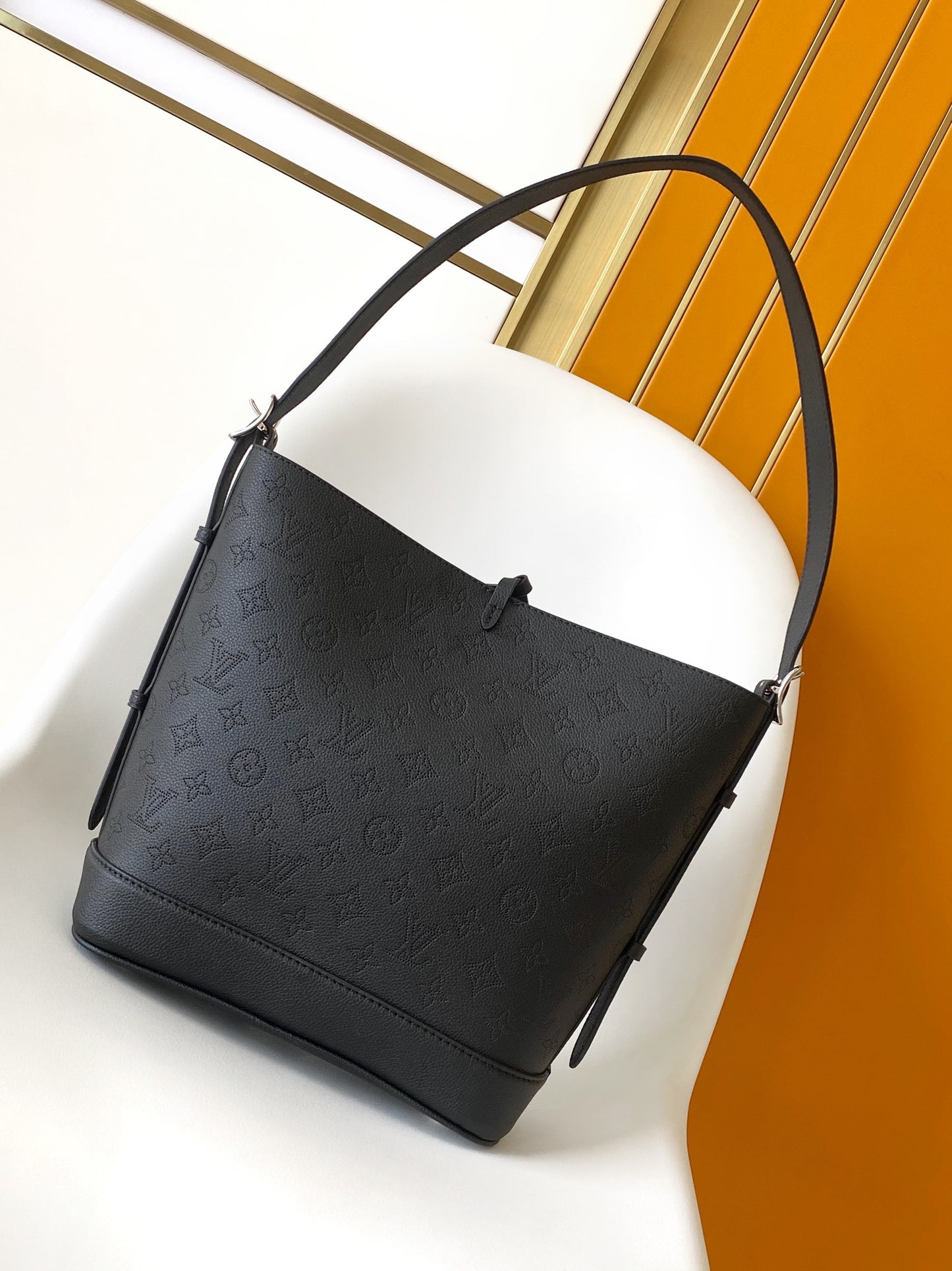 Louis Vuitton Classic Black Embossed Monogram Bucket Bag with Drawstring